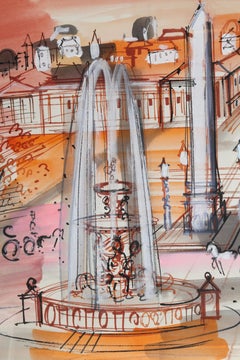 Luxor Obelisk & Fountain, Impressionist Acrylic & Watercolor by Charles Cobelle