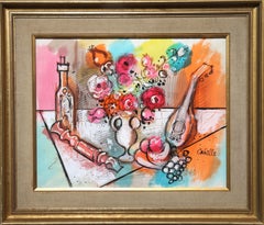 Still Life w/Mandolin & Wine, Impressionist Acrylic & Watercolor by Cobelle