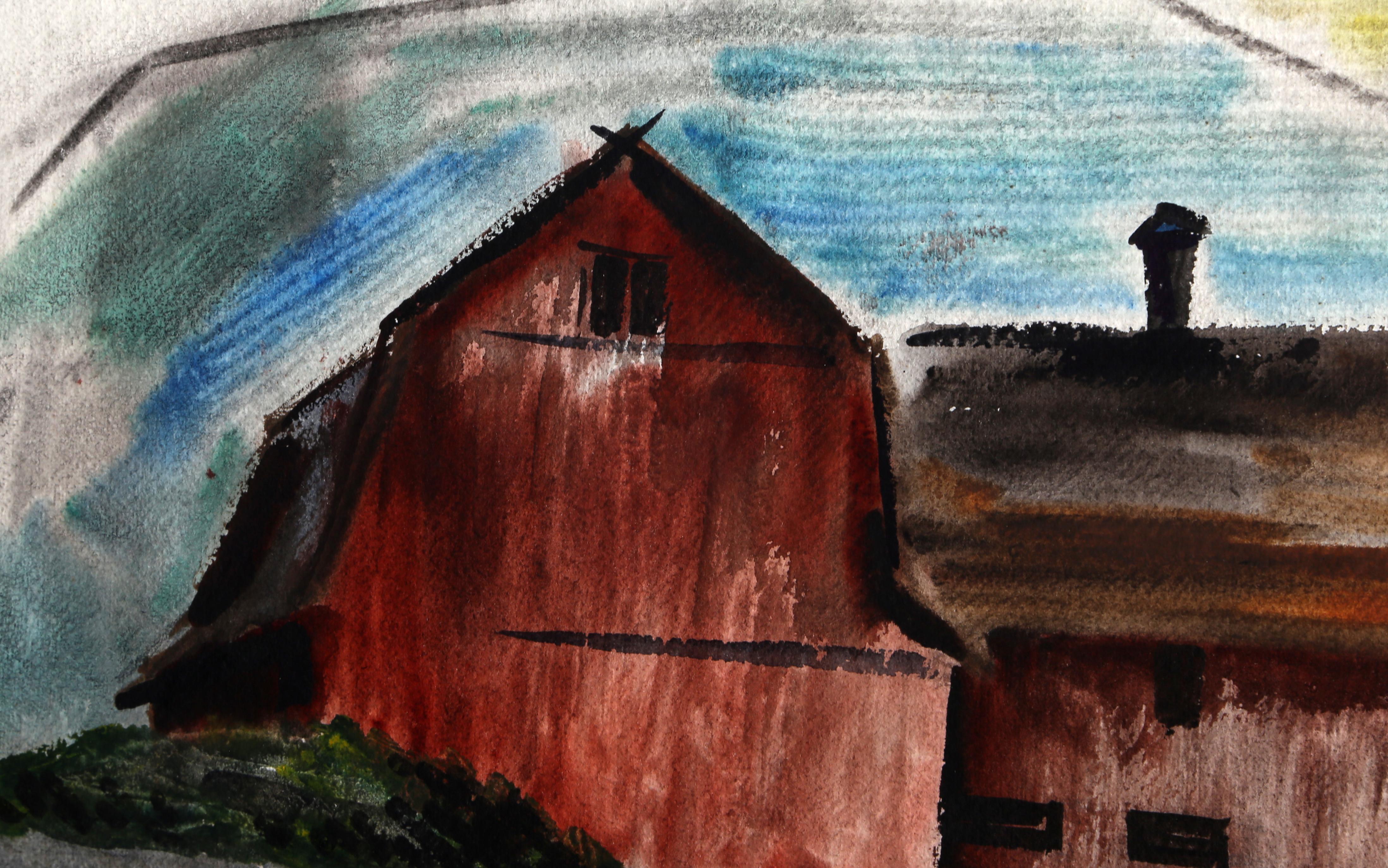 This unique work is a watercolor by American artist Chris Ritter. The painting depicts a landscape of rolling green hills with a red barn centered in the composition.

Red Barn
Chris Ritter, American (1906–1976)
Date: circa 1962
Watercolor on