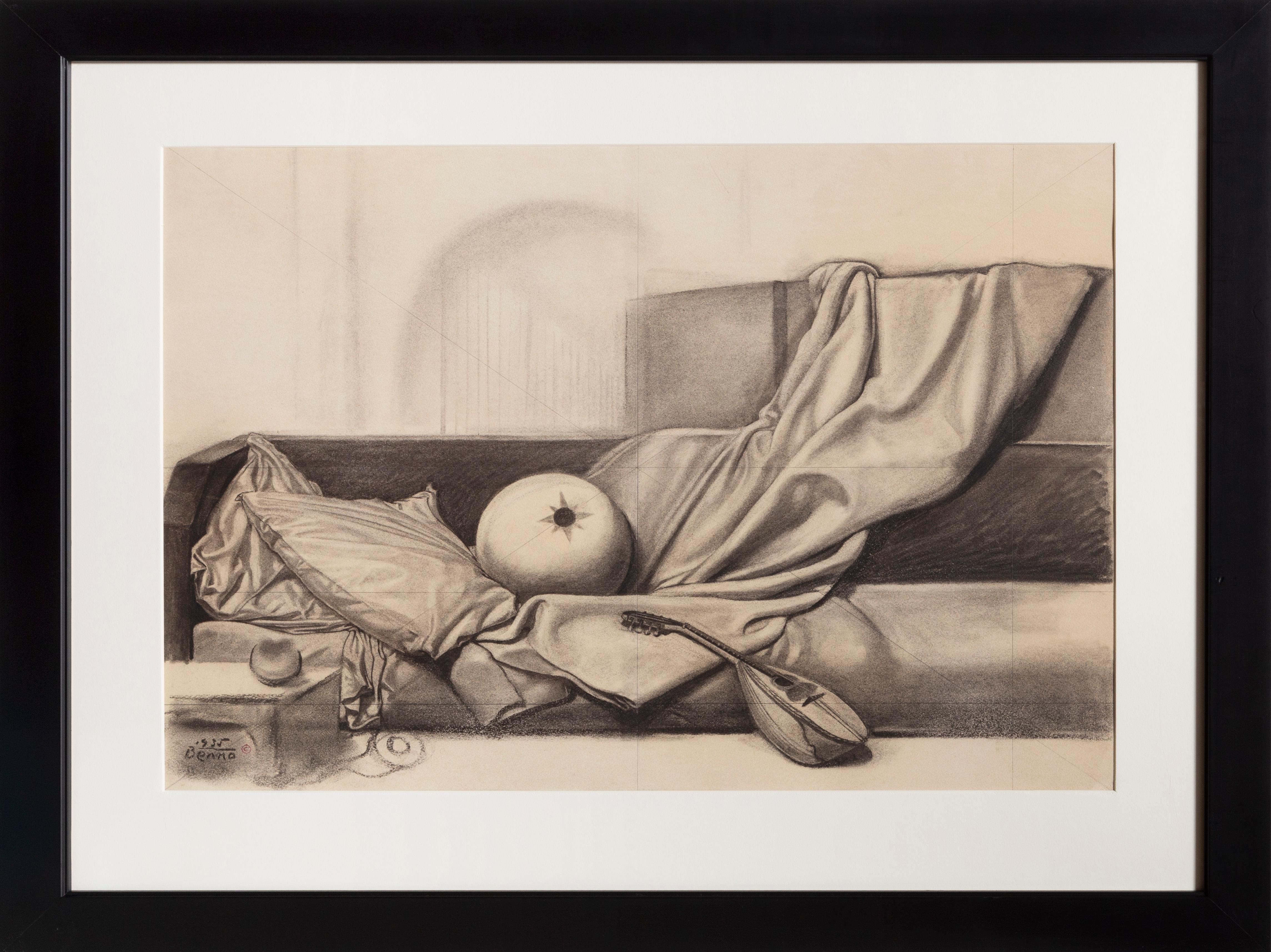 Benjamin G. Benno Abstract Drawing – Odalisch, Surrealistische Kohle auf Papier Zeichnung von Benjamin Benno