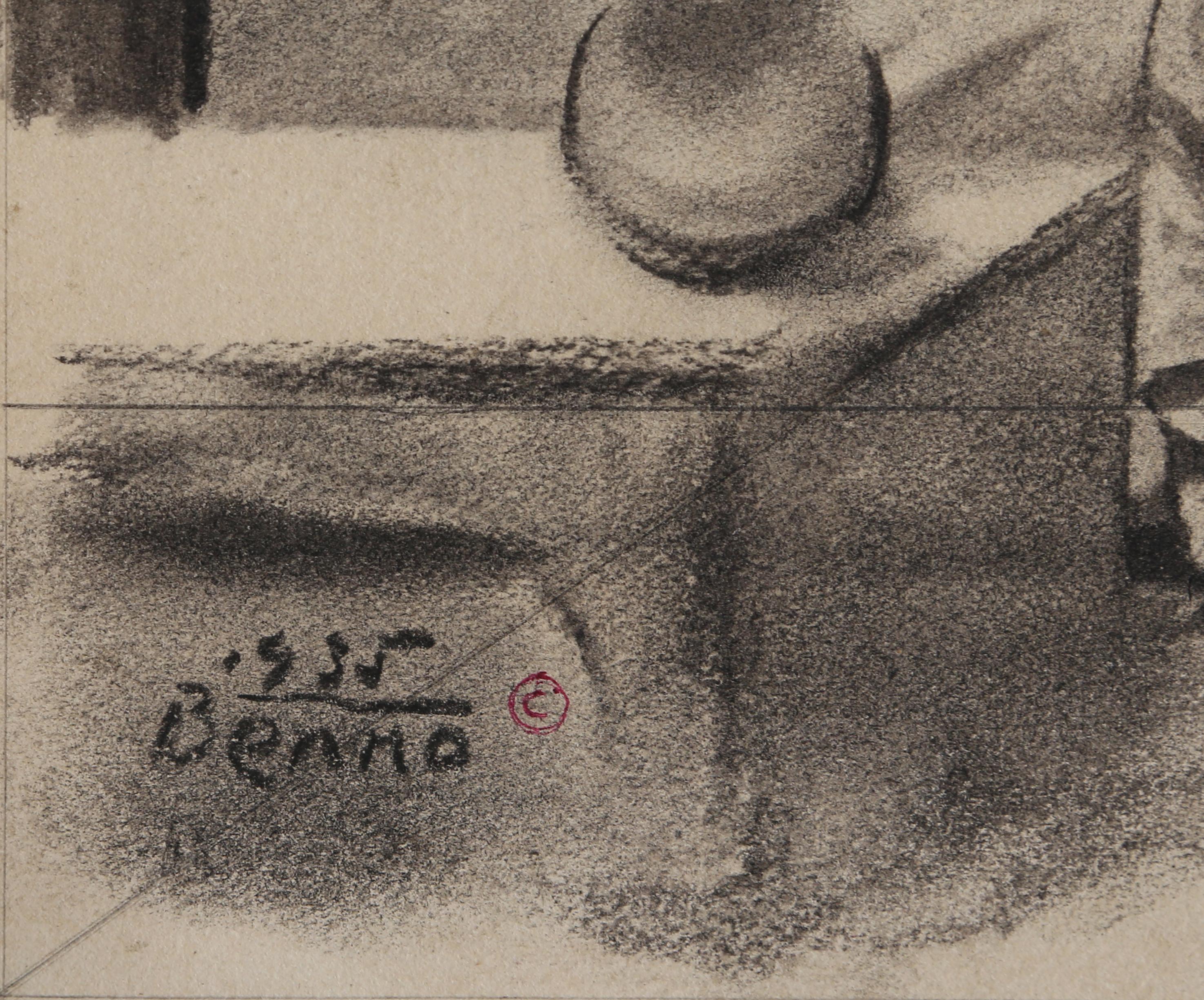 Odalisch, Surrealistische Kohle auf Papier Zeichnung von Benjamin Benno – Art von Benjamin G. Benno