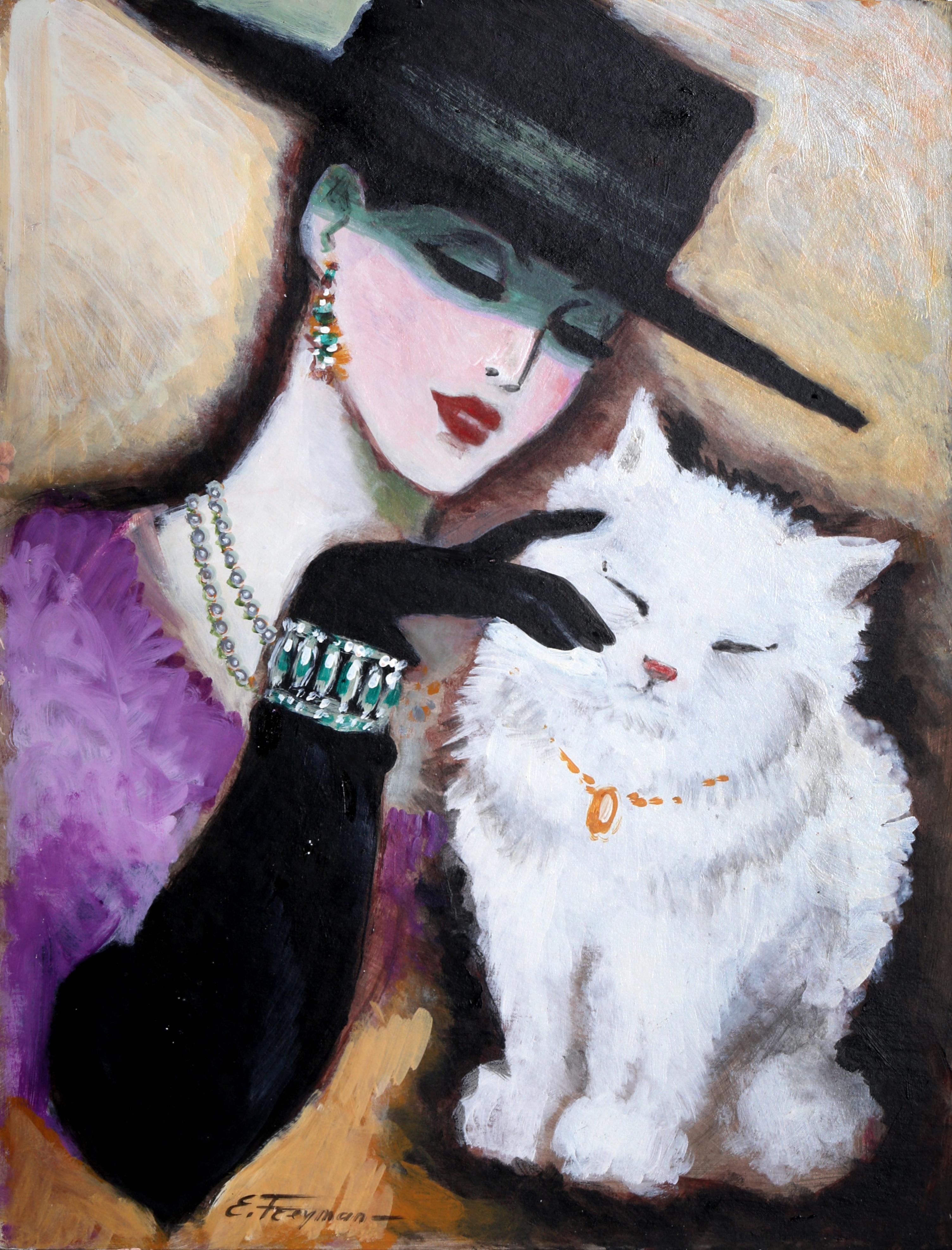 An 80's style Art Deco oil painting of a fashionable lady petting her precious cat by contemporary artist Erik Freyman. The work is signed lower left, unframed.

White Cat
Erik Freyman, Russian (1932–2018)
Oil on Board, signed lower left
Size: 24 x