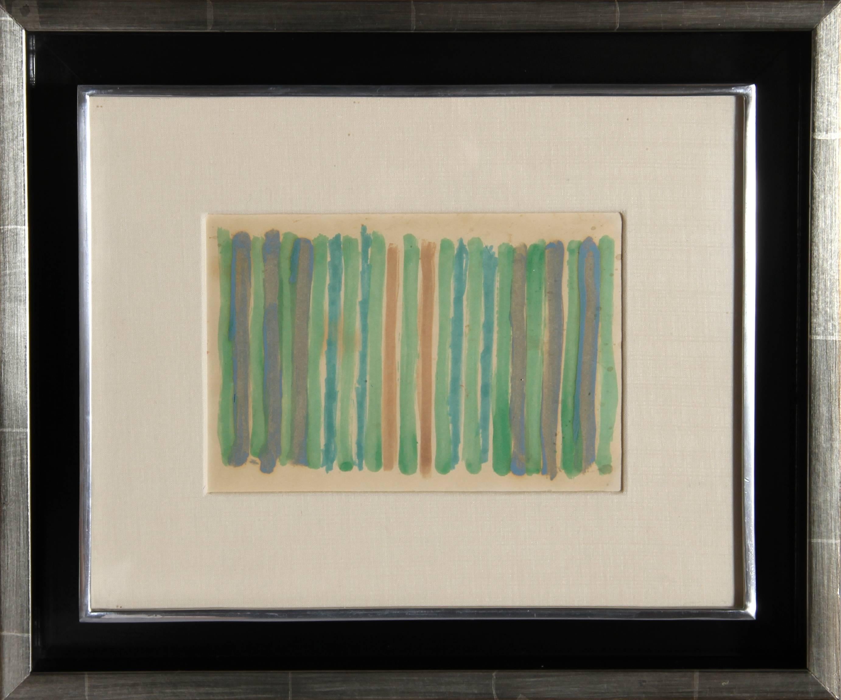 Artist: Kenneth Noland, American (1924 - 2010)
Title: Stripes
Year: circa 1965
Medium: Watercolor
Size: 4.5 in. x 6.75 in. (11.43 cm x 17.15 cm)
Frame Size: 11.5 x 13.5 inches