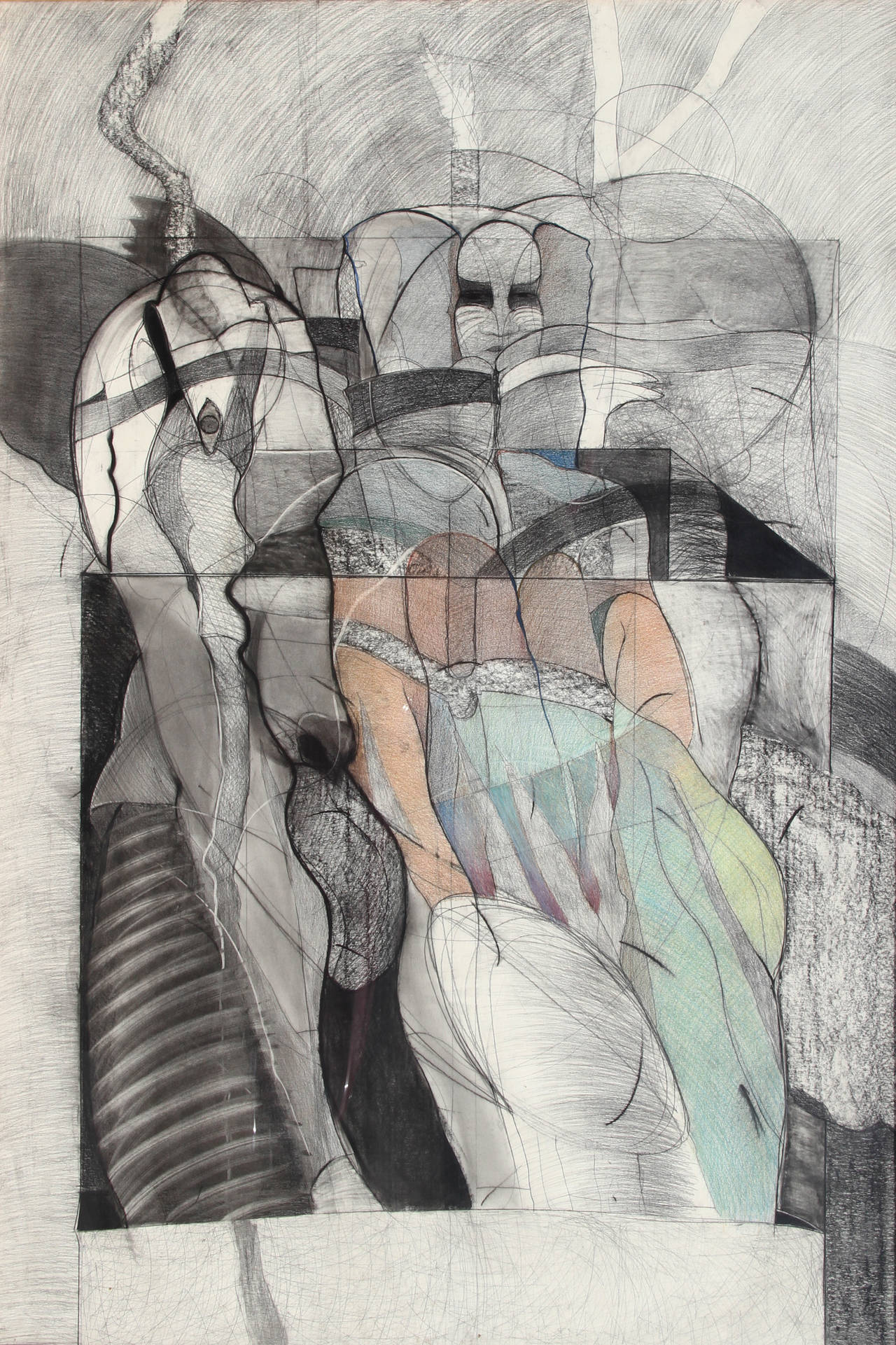 A mixed media drawing by Michael Platt from 1981. A representational image of a figure in a cool, subdued color pallet. Platt creates artwork that centers on figurative explorations of life’s survivors, the marginalized, referencing history and