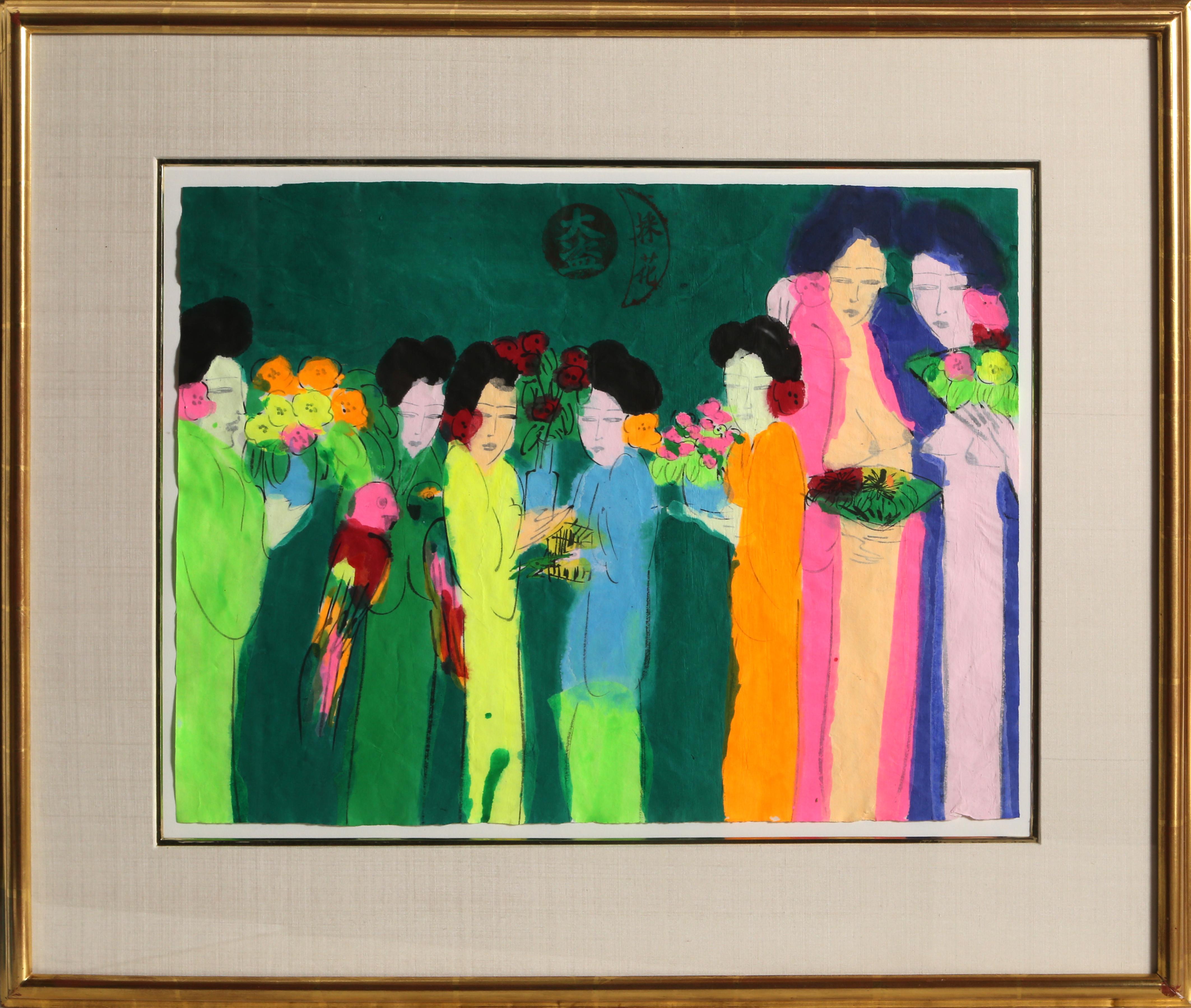 Künstler: Walasse Ting, Chinesin/Amerikanerin (1929 - 2010)
Titel: Sieben Geishas mit Blumen
Jahr:	um 1980
Medium:	Chinesische Tusche und Acryl auf Reispapier, gestempelt oben Mitte
Papierformat: 14 x 18,5 Zoll (35,56 x 46,99 cm)
Rahmengröße: 22,25