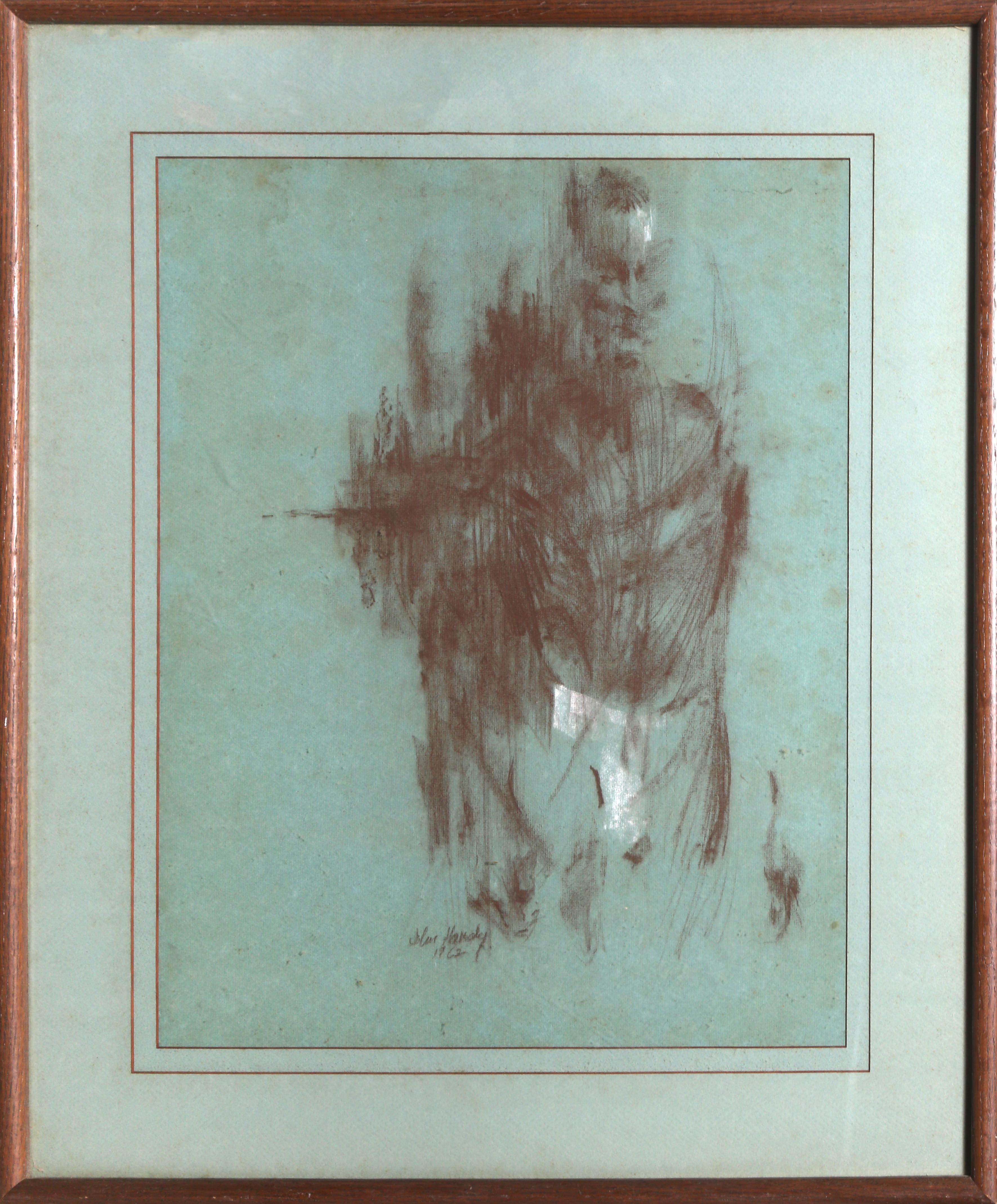 John Hardy (Artist) Portrait – Selbstporträt in Unterwäsche, Pastell auf Papier von John Hardy