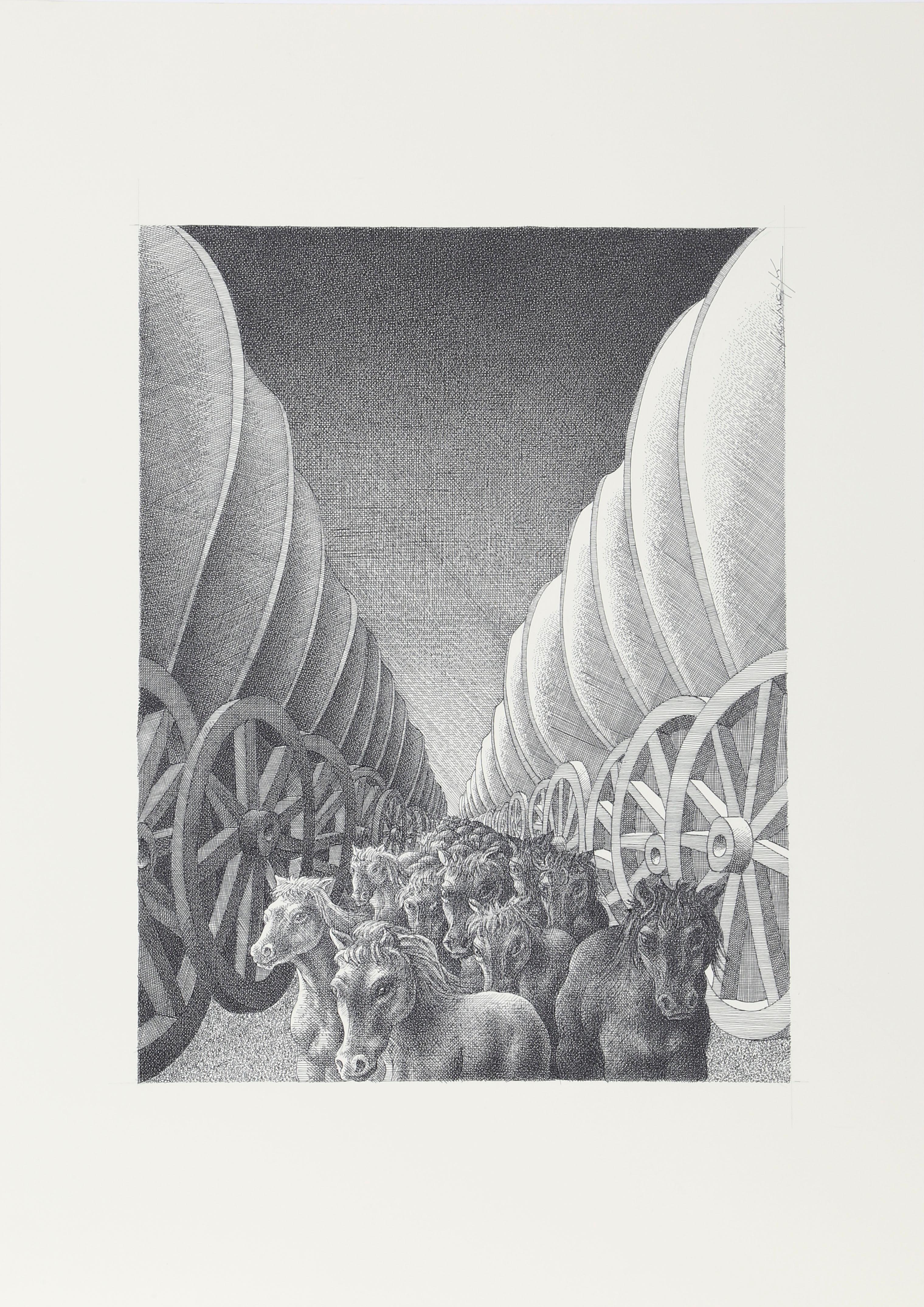 In this detailed, hand-drawn and drafted work in ink on paper by Polish artist Wojtek Kowalczyk, a stampede of horses runs down the center of the composition. Markedly though, the horses are significantly smaller than the giant caravans that flank