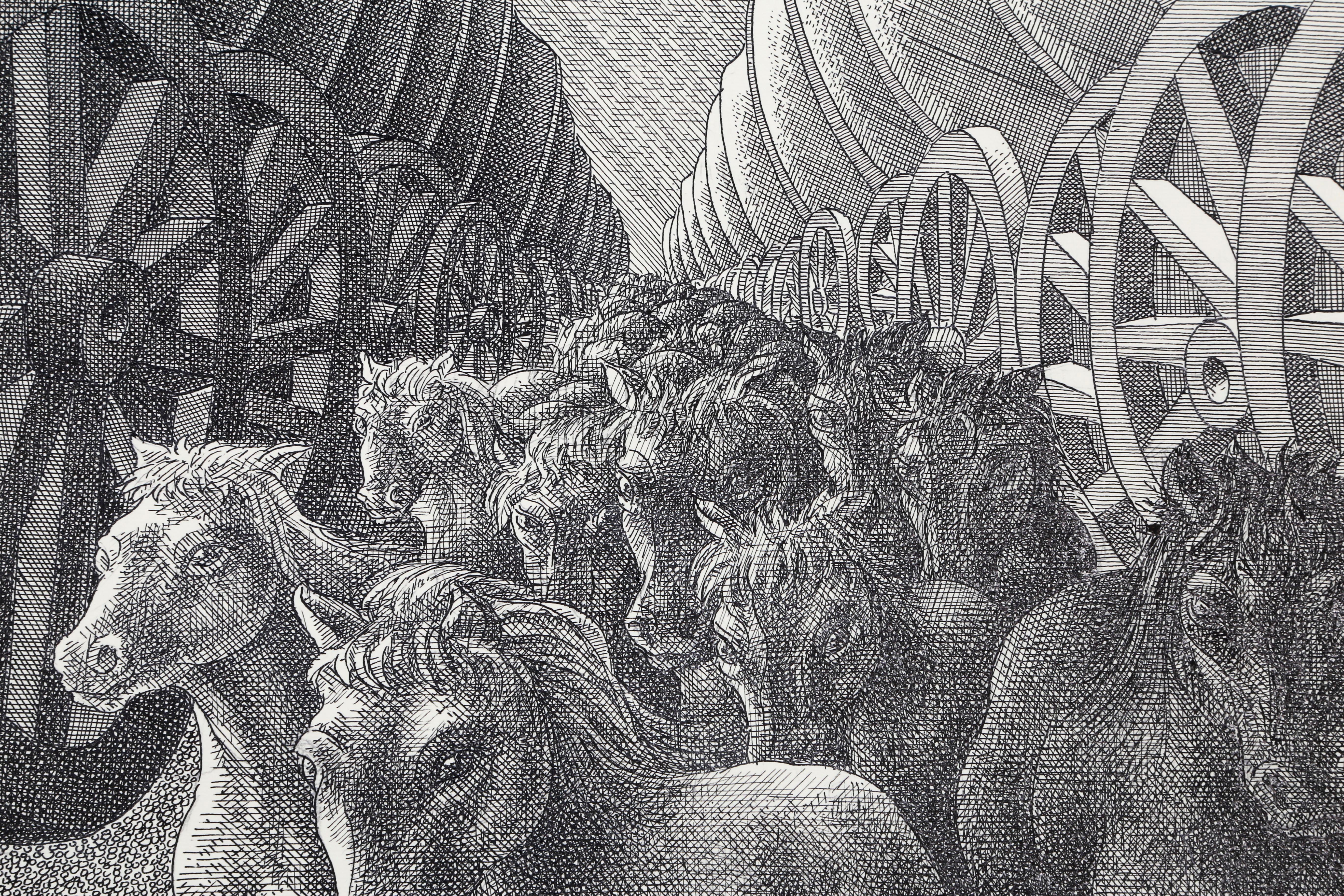 Horses, Surrealist Ink Drawing by Wojtek Kowalczyk For Sale 1