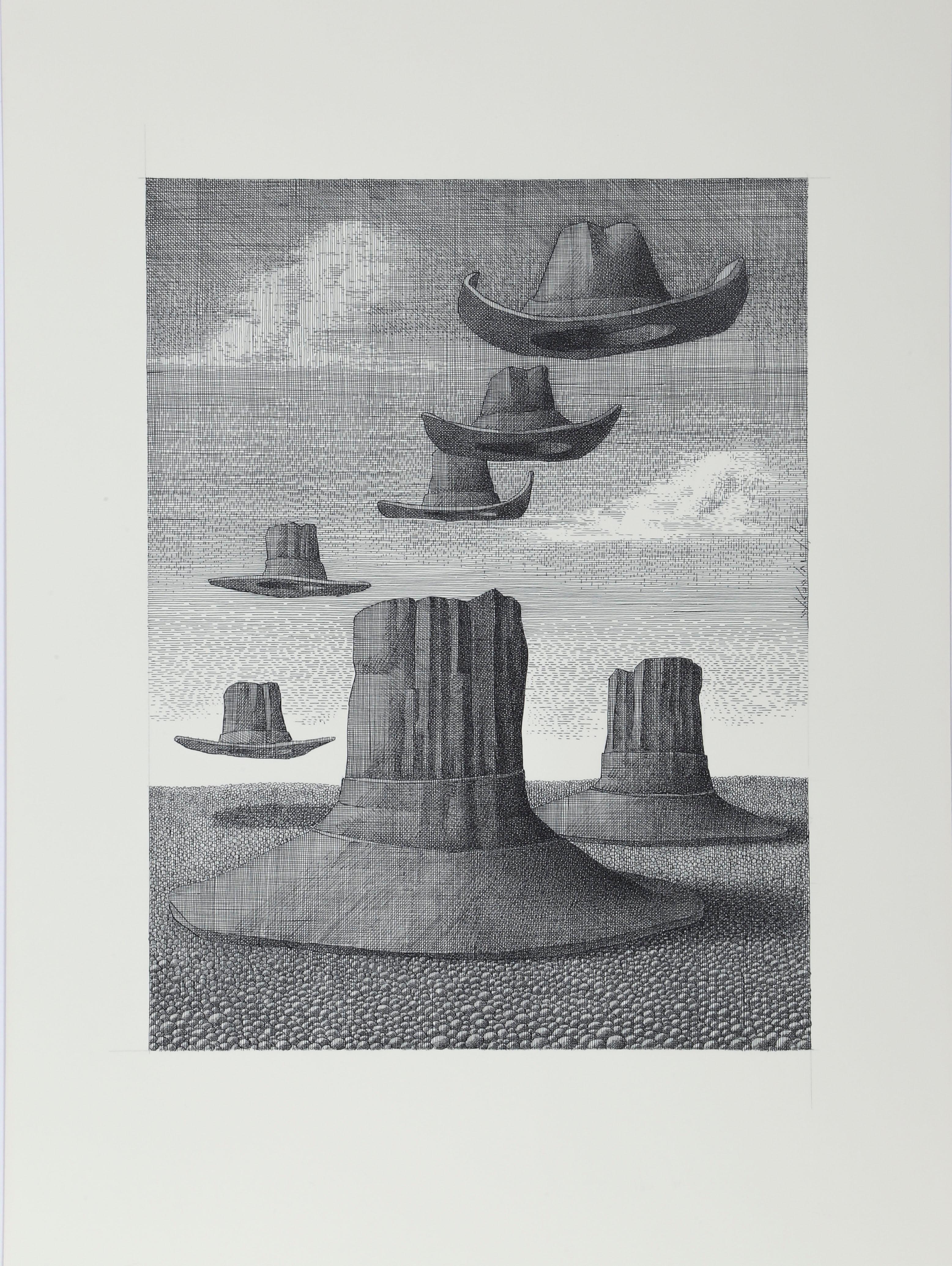 Wojtek Kowalczyk Landscape Art – Cowboyhuts, surrealistische Zeichnung von Wotjek Kowalczyk