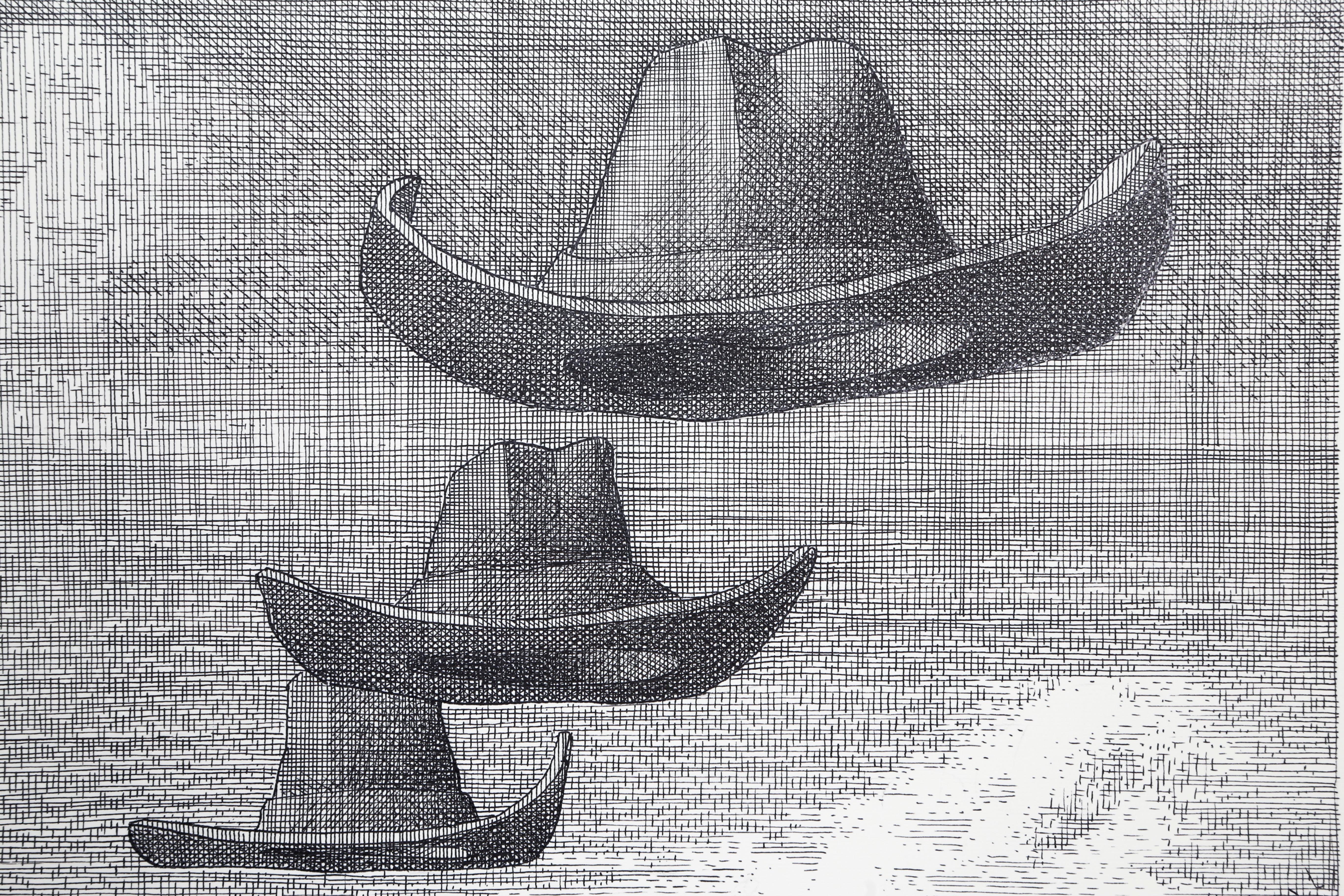 Cowboyhuts, surrealistische Zeichnung von Wotjek Kowalczyk – Art von Wojtek Kowalczyk