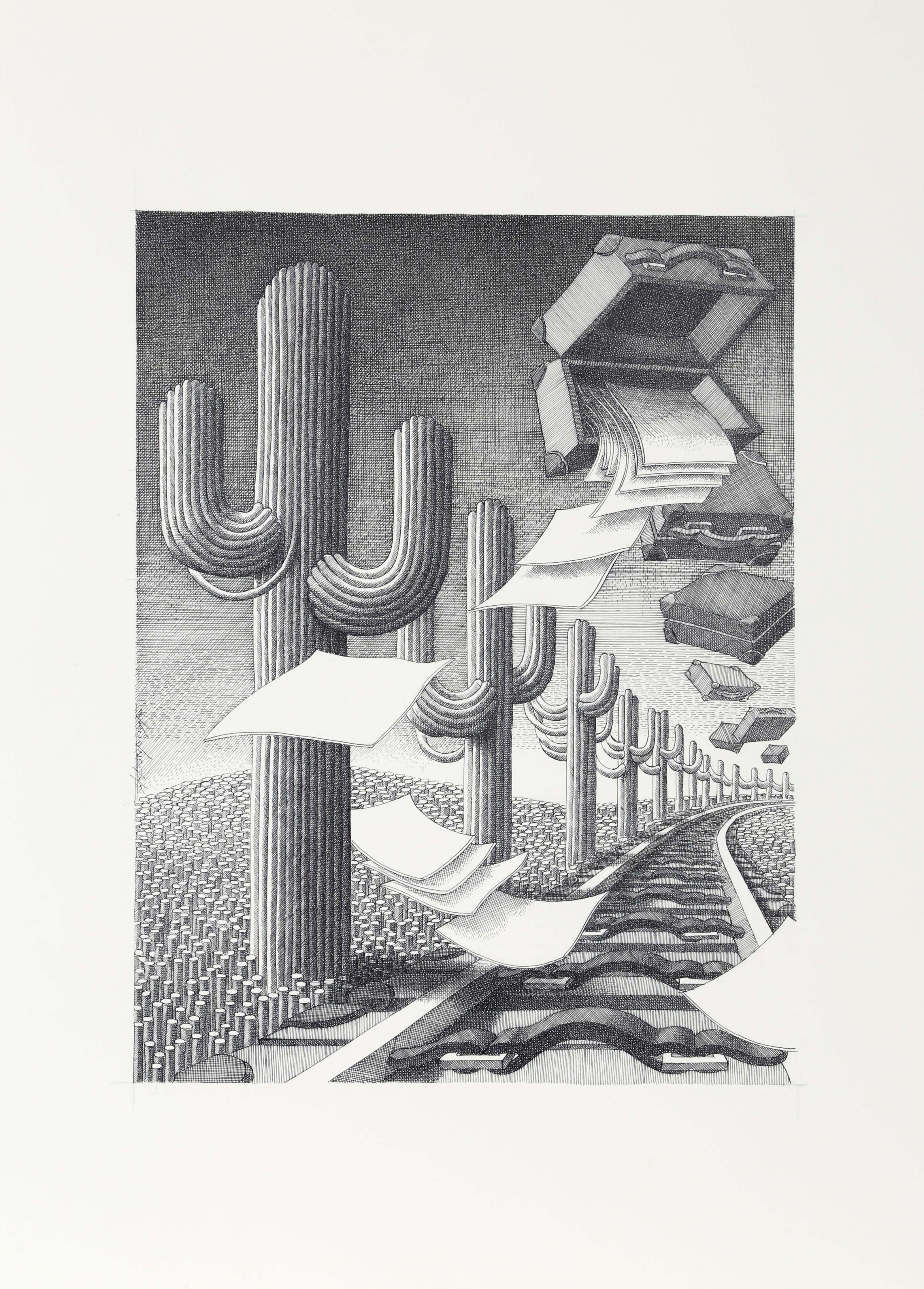 In this intricately hand-drafted and drawn piece by Polish artist Wojtek Kowalczyk, a railroad track seems to stretch on into infinity. On the left, the tracks are lined with cacti that are slowly unraveling into ropes. Briefcases fly overhead,