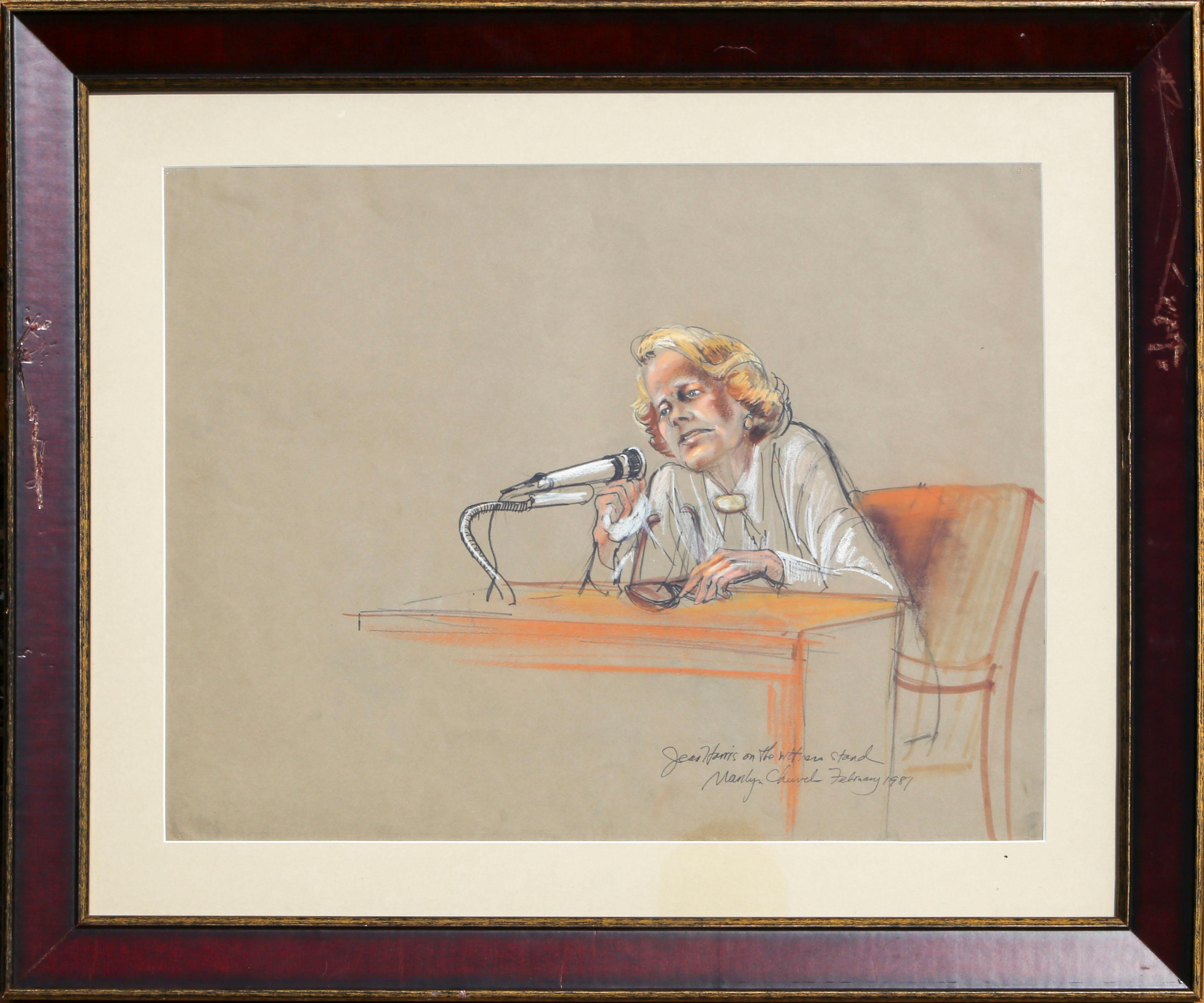 This drawing depicts a moment from one of the longest trials in US history, when Jean Harris, a headmistress of a school for girls in Virginia, was tried for 14 weeks for the murder of her ex-lover, Herman Tarnower. Harris was eventually convicted