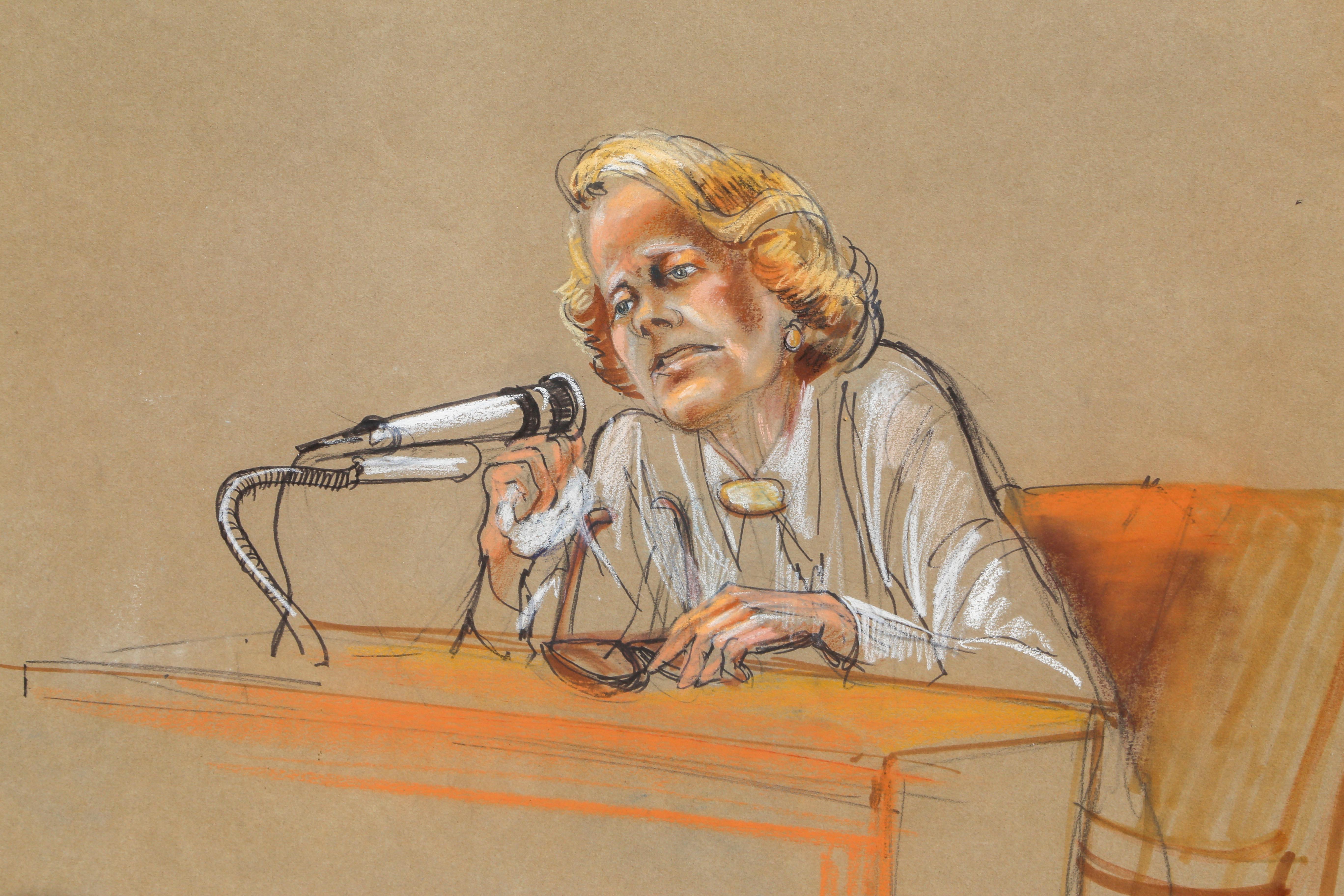 Jean Harris on the Witness Stand, Pencil and Ink on Paper by Marilyn Church For Sale 1