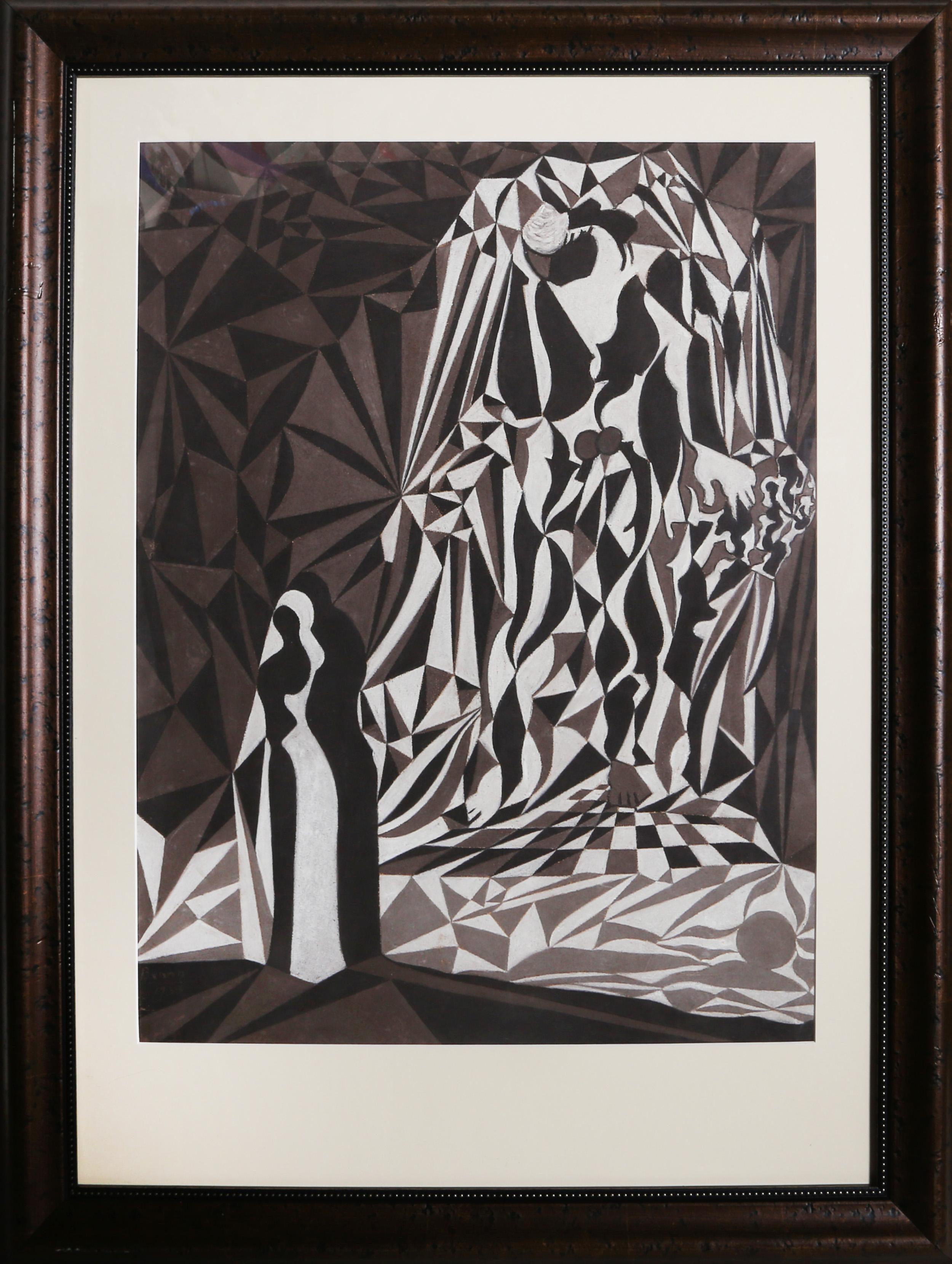 Benjamin G. Benno Figurative Art – Kubistische Mutter, Pastell auf Papier Zeichnung von Benjamin Benno