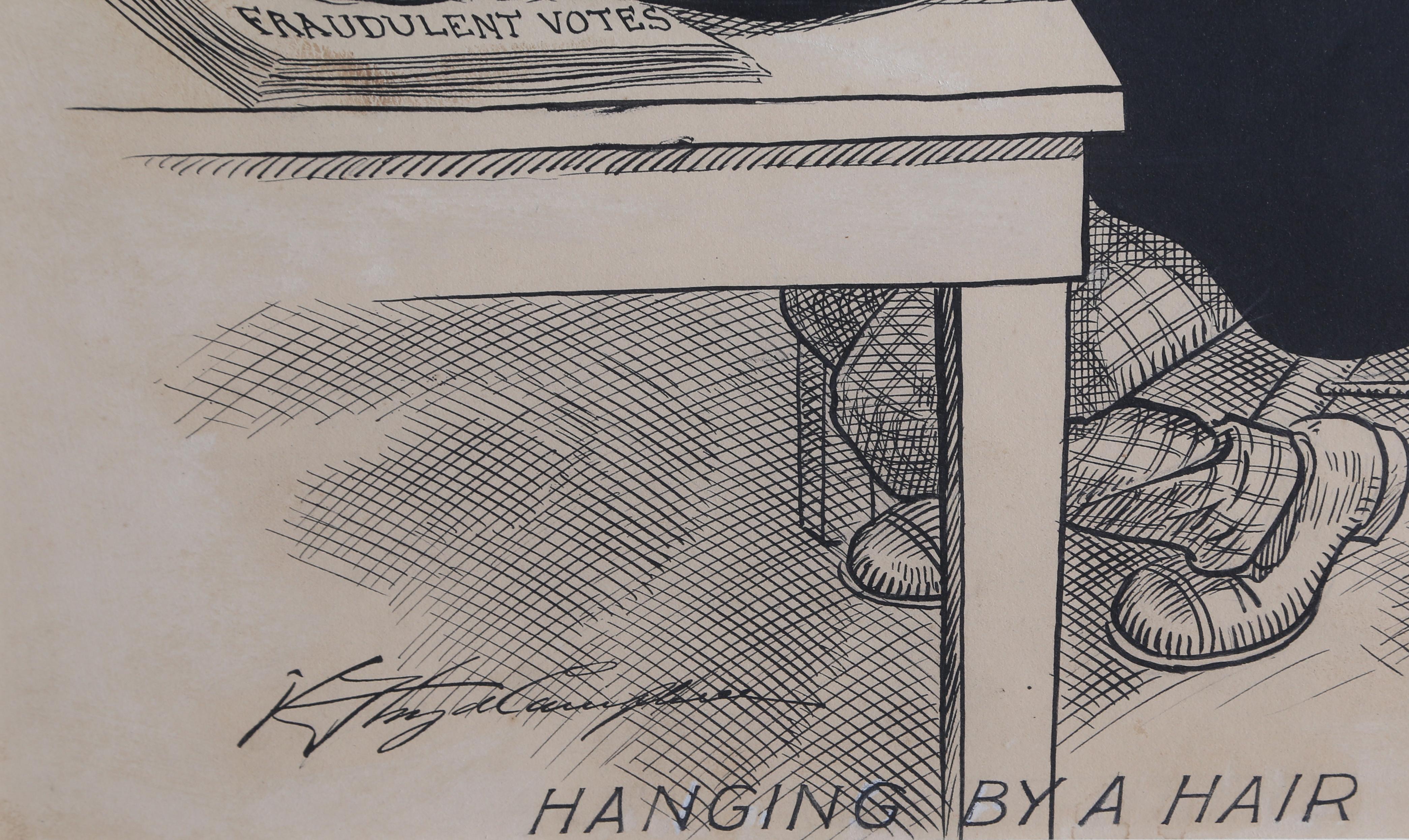 A political satire illustration “Hanging by a Hair” originally published in the The Philadelphia North American newspaper circa 1902, edited by Edwin A Van Valkenburg and pubilshed by Thomas Wanamaker. India ink on paper, signed illegibly lower