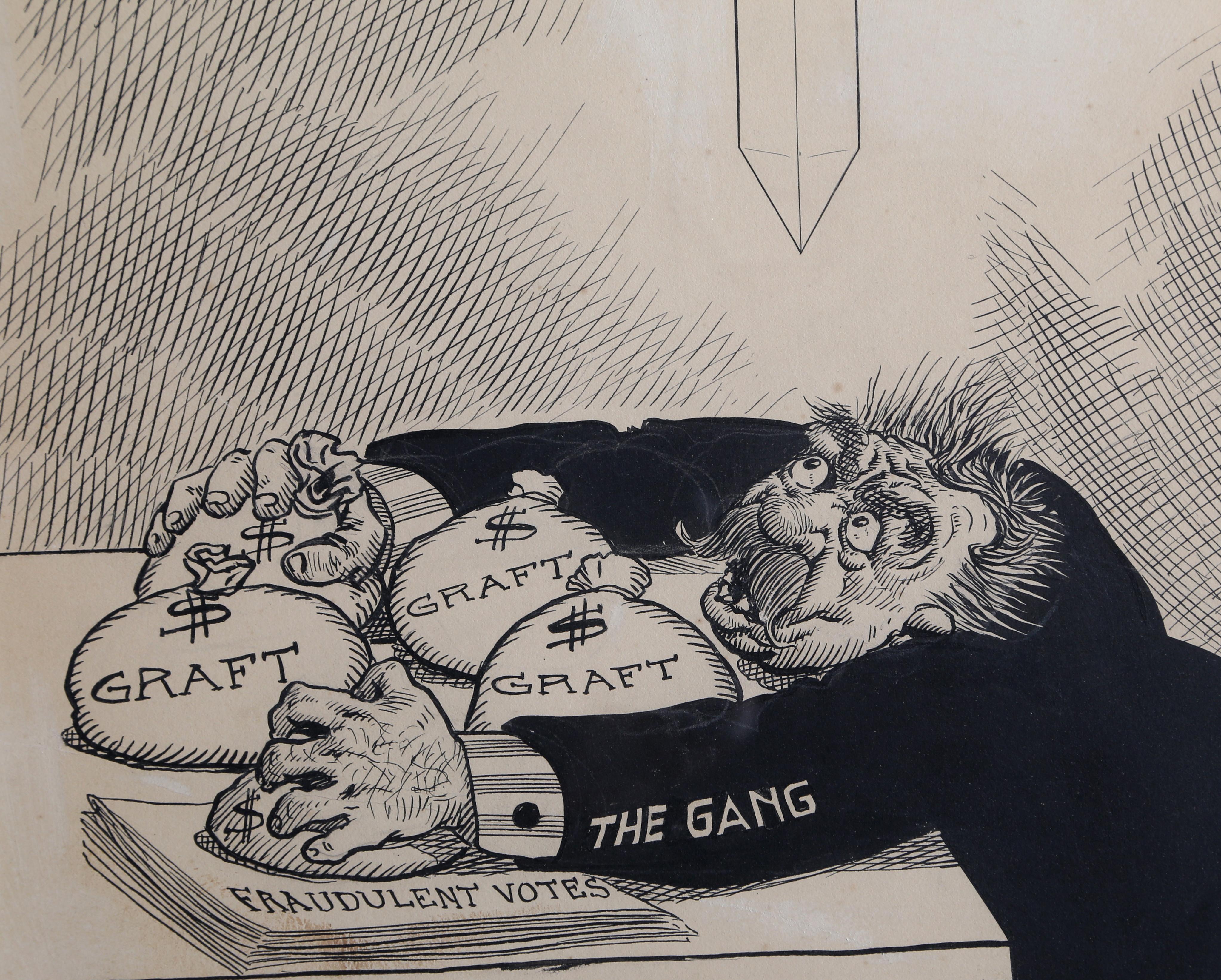 Hängend an einem Haar, Politische Satire-Illustration 1902 – Art von Unknown