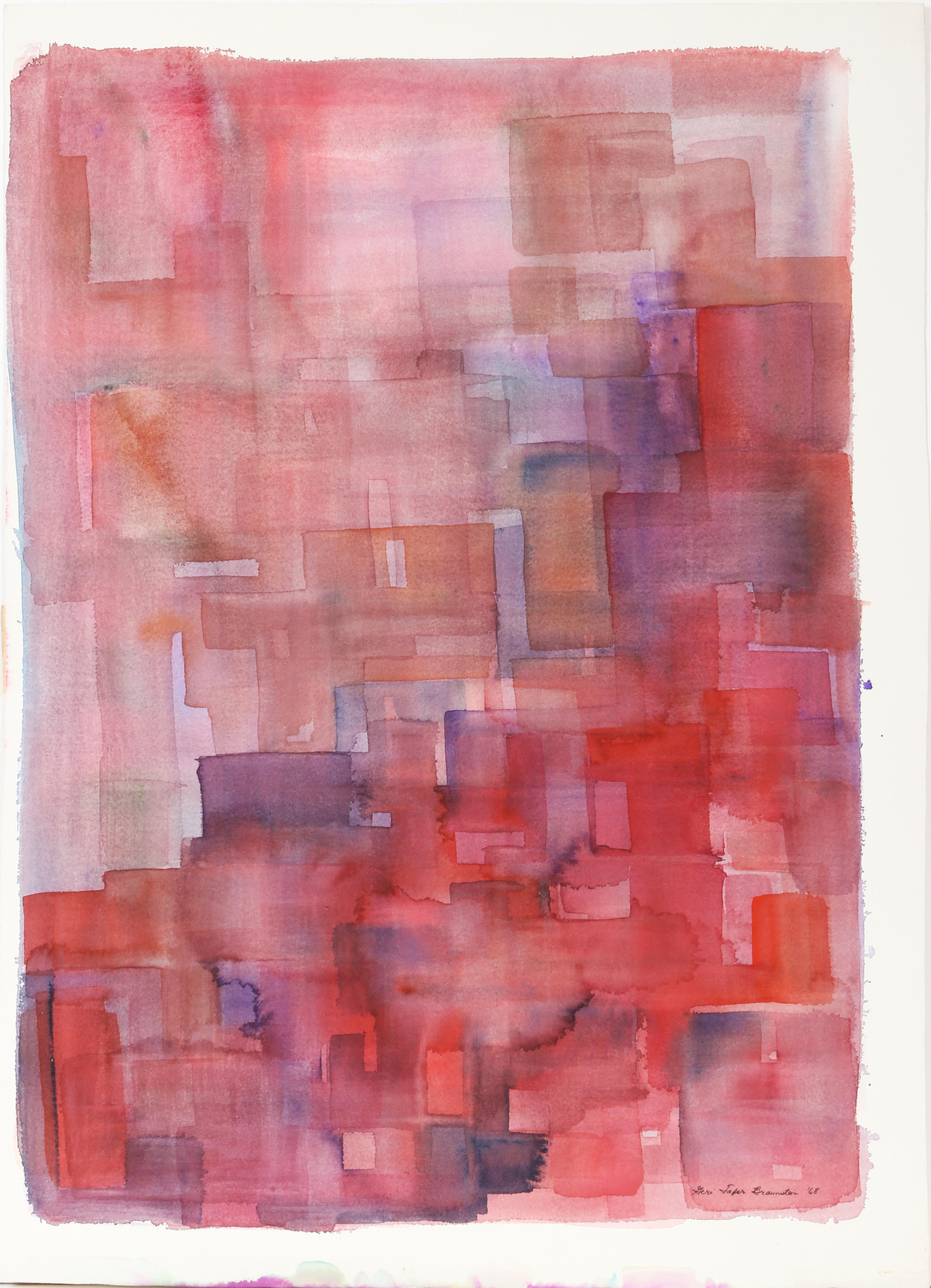 A simple red and purple composition with watercolor on Arches paper by Geri Taper. This piece has a slight geometric repeating motif throughout it. The work is signed, titled, and dated in pencil by the artist.

Caged
Geri Taper, American
