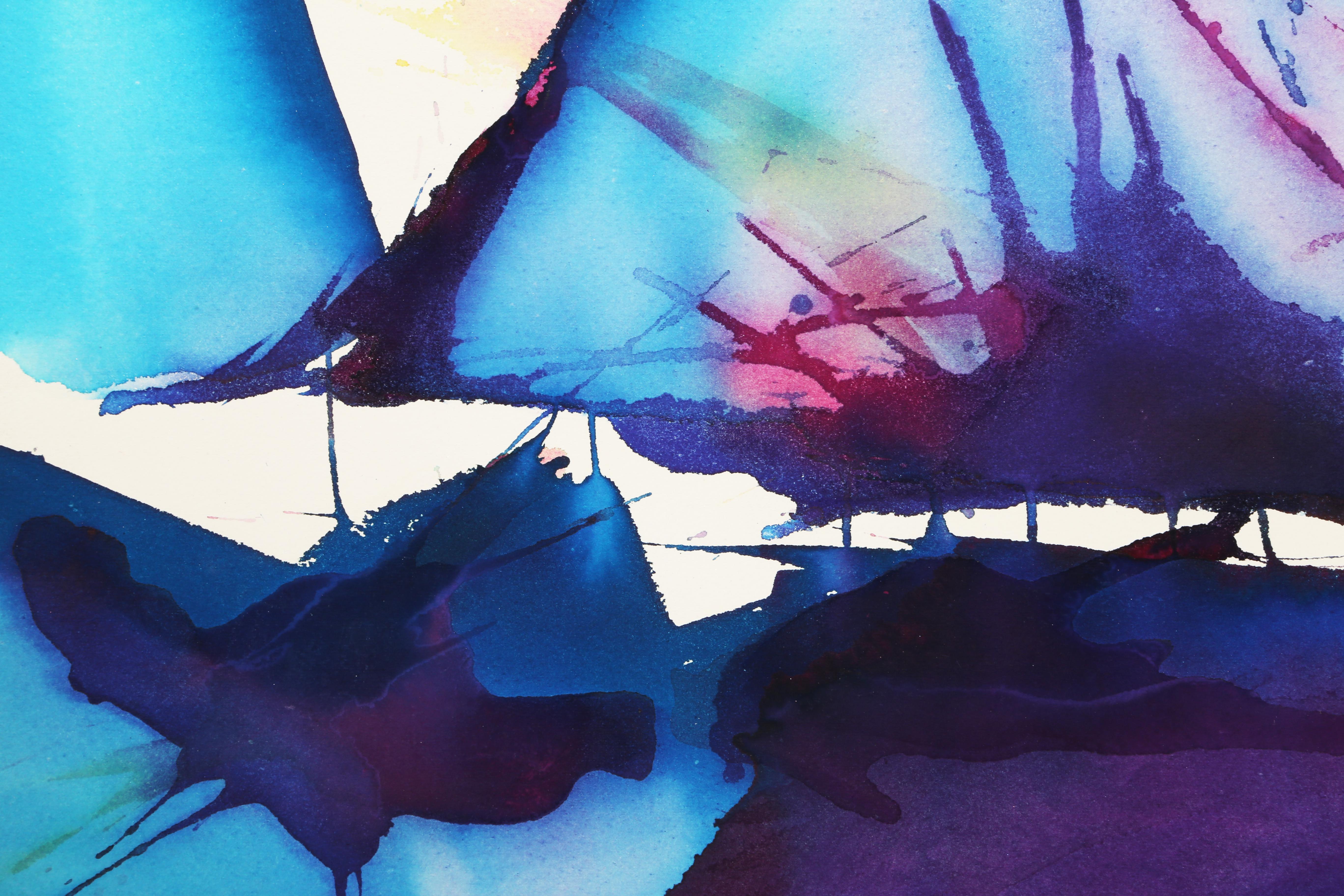 A unique Abstract Expressionist watercolor by Geri Taper. The bold blue and purple splashes give way ever so slightly to streaks of red. This piece is signed, titled, and dated in pencil by the artist.

Dancing Thorns
Geri Taper, American