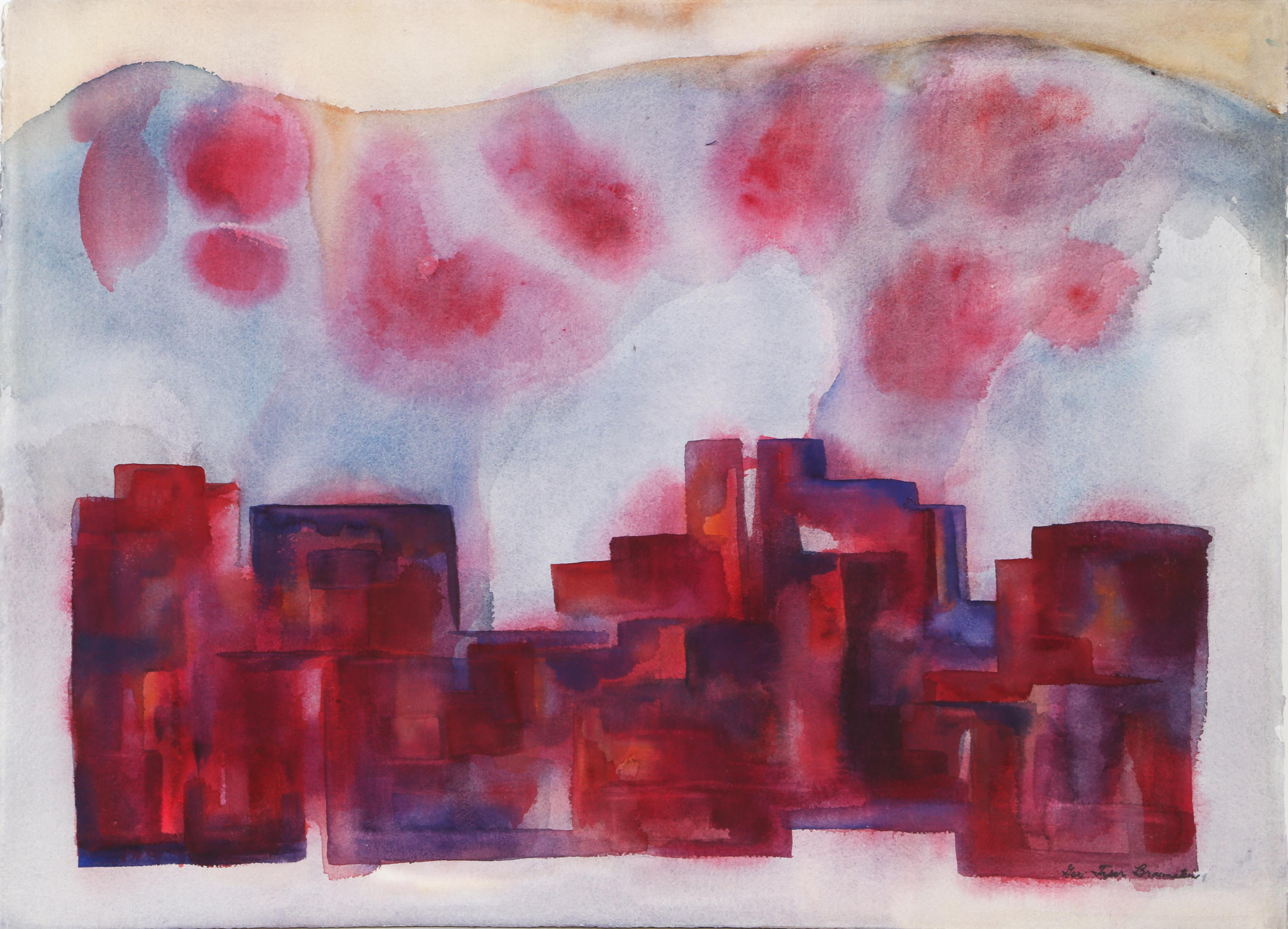 A watery portrait of a city sieged under a red storm. This unique watercolor by Geri Taper is signed by the artist.

Caged
Geri Taper, American (1929–2004)
Date: 1968
Watercolor on Arches, signed, titled and dated in pencil on verso
Size: 22 x 30