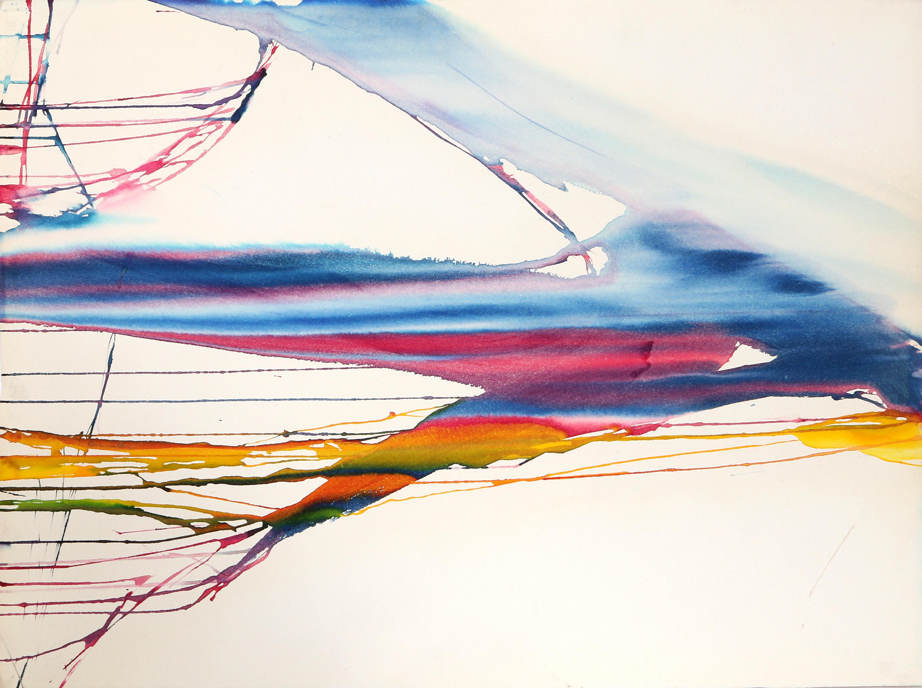 Several bold streaks of ink rush across the page as if dripping off the wings of a bird in flight. This unique watercolor by Geri Taper is signed and titled by the artist.

Soaring Storm
Geri Taper, American (1929–2004)
Date: 1971
Ink on Arches,