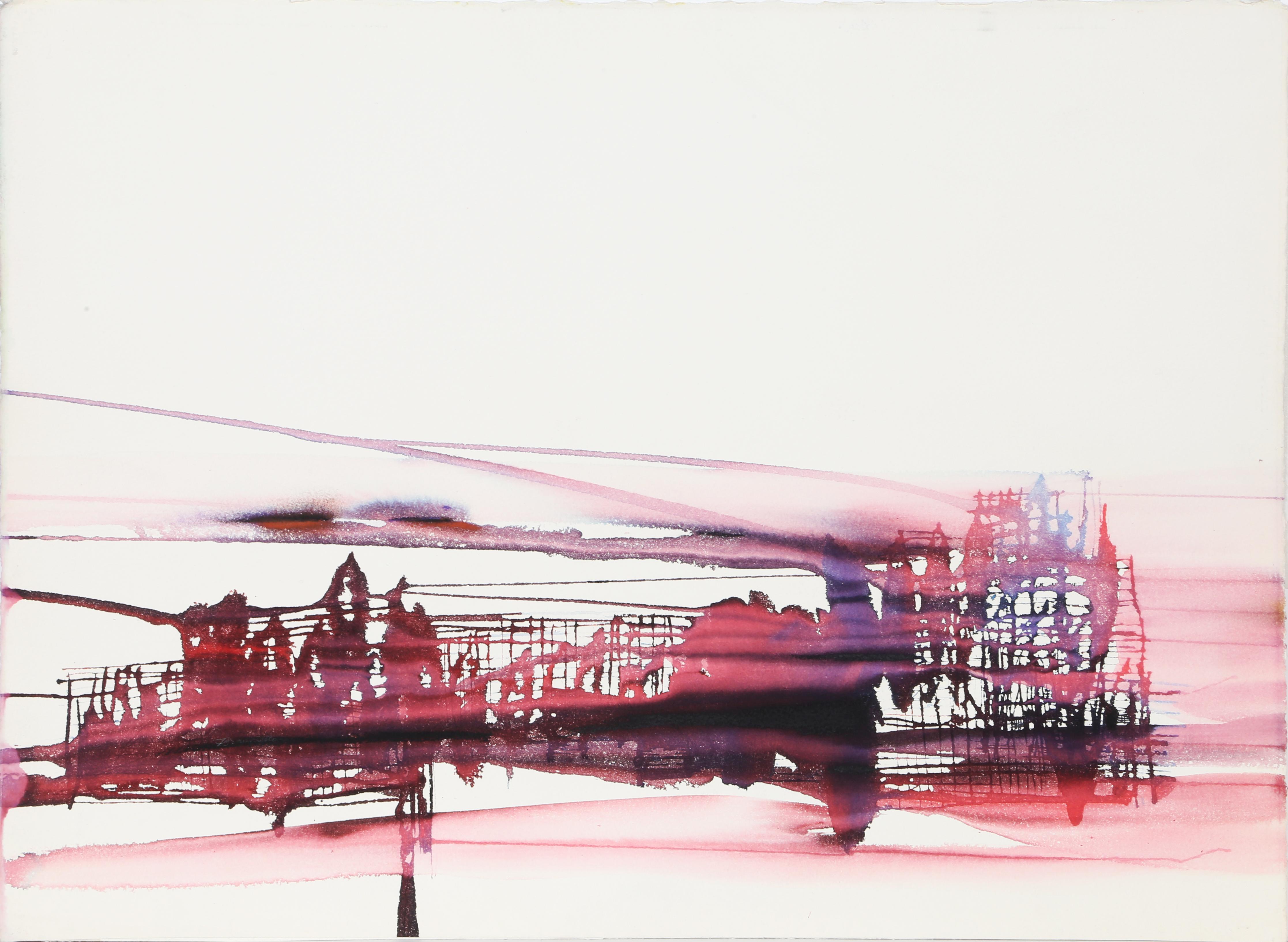 A city rendered almost entirely in red, with the water streaked across its surface separating out values of blue and purple. This unique watercolor is signed by the artist.

Cityscape
Geri Taper, American (1929–2004)
Watercolor on Arches, signed in