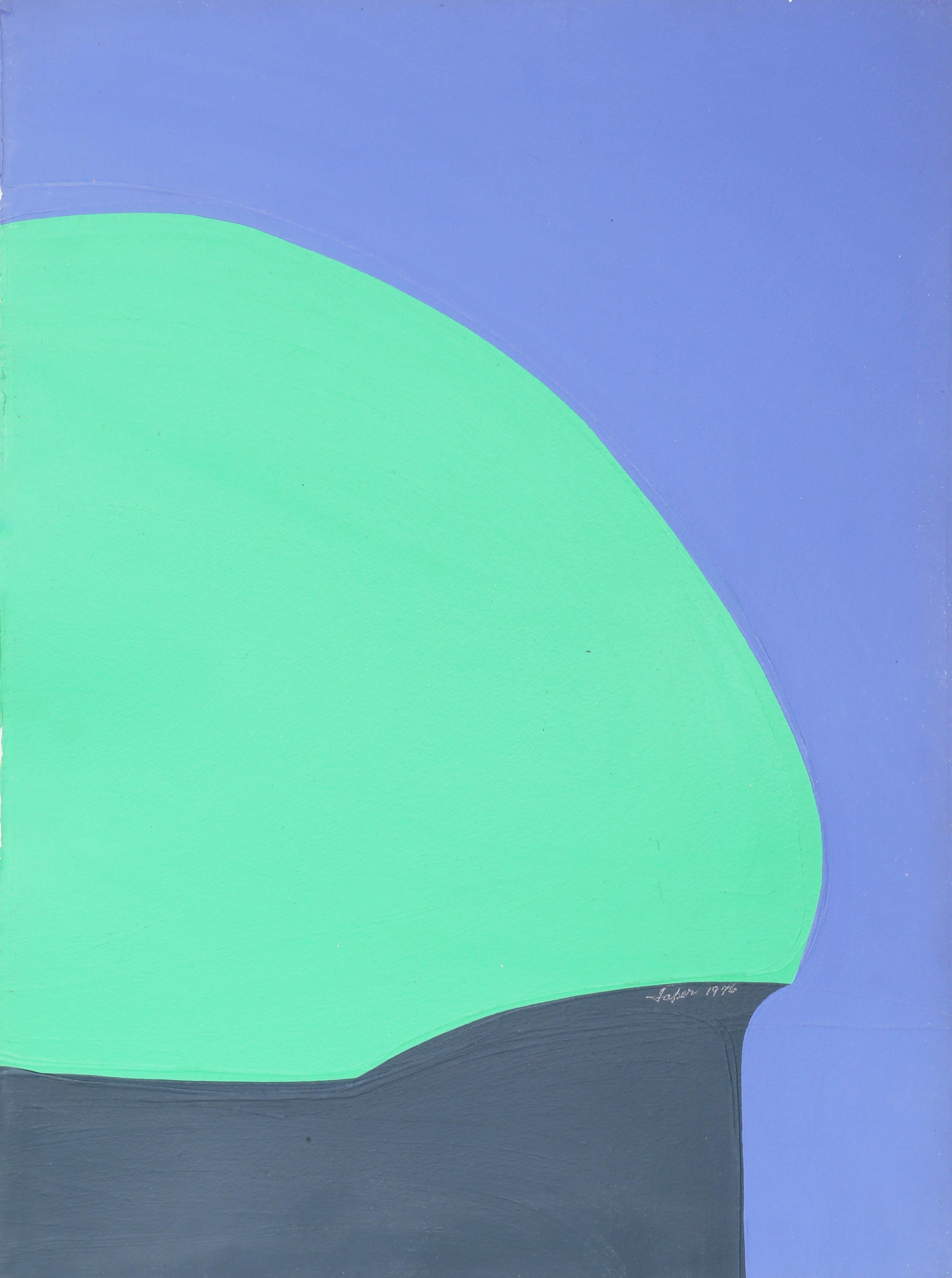 This acrylic painting by Geri Taper uses just three colors in flat expanses to fill the composition. The objects perhaps resemble a grassy cliff set against a blue sky. This piece is signed by the artist of the front and verso.

Green Cap
Geri