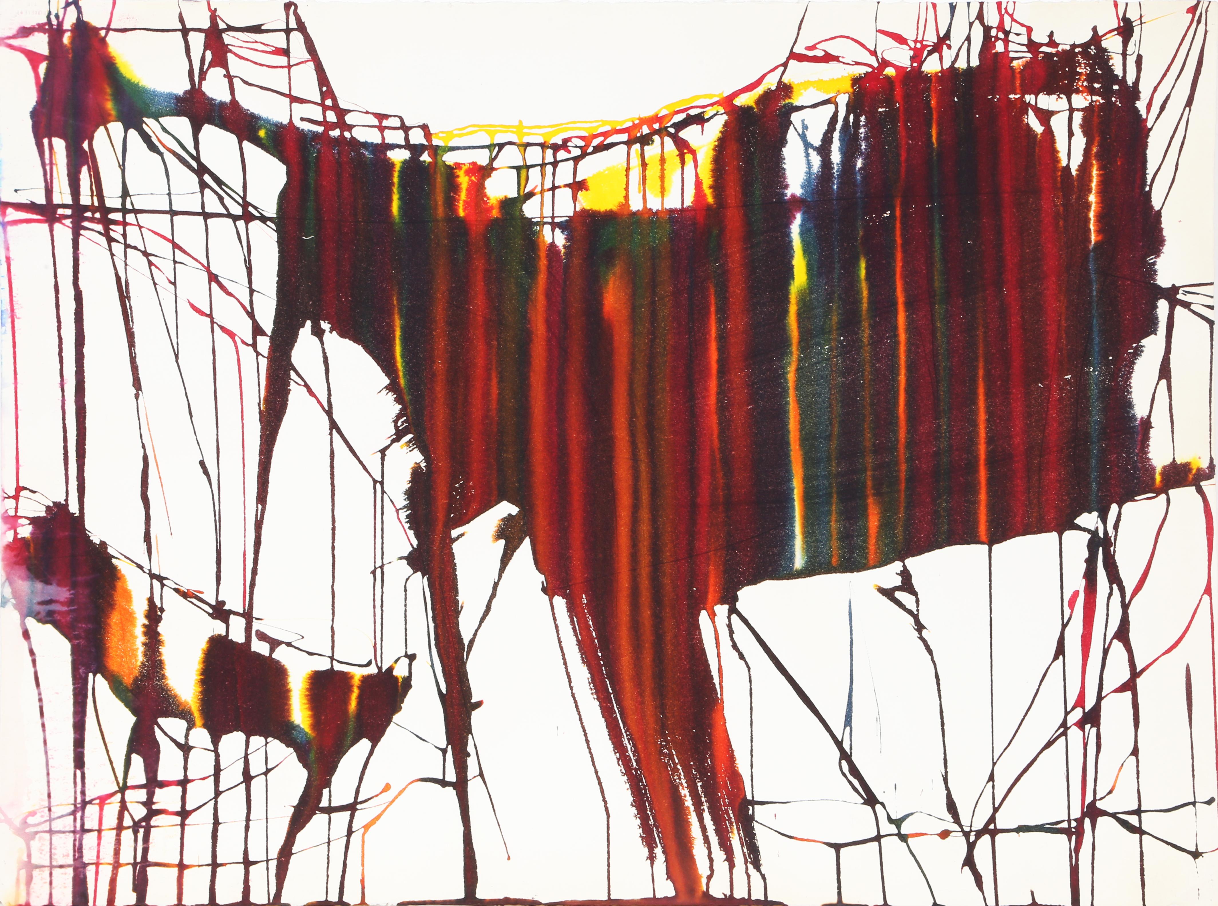 The several bold splashes of deep red that take up a majority of the composition are further streaked and colored by lines of yellow and green. This watercolor by Geri Taper is signed and stamped on the verso.

Glitch
Geri Taper, American