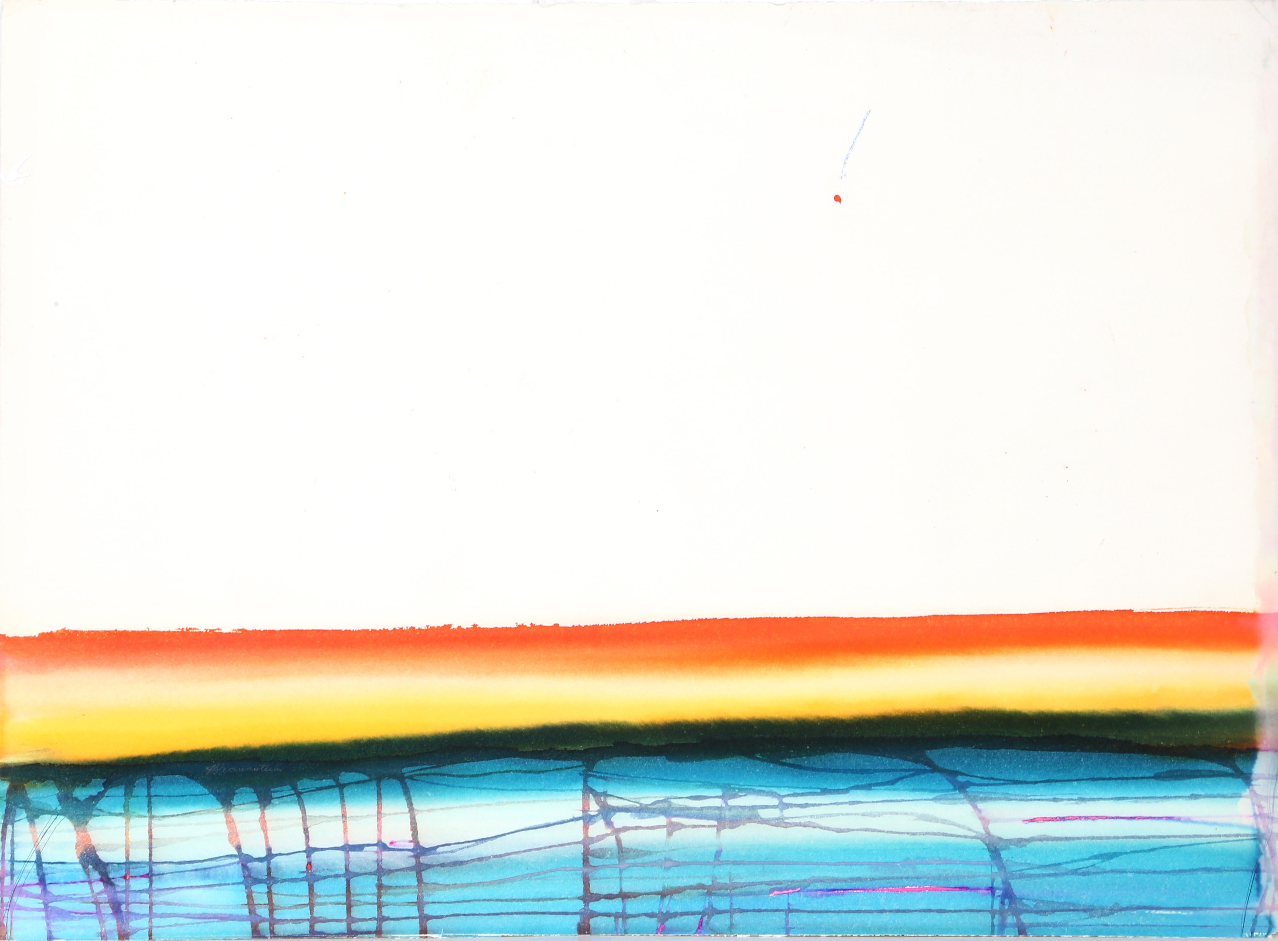 Two-thirds of this abstract composition by Geri Taper are blank white paper. In the lower third, a sunset of red and yellow quickly gives way to black then bright blue like an ocean. This unique watercolor is signed in pencil.

Golden Latitude
Geri