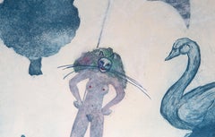 Pussy In The Sky With Swan, Mixed Media on Arches by Karen Lynn Gorney