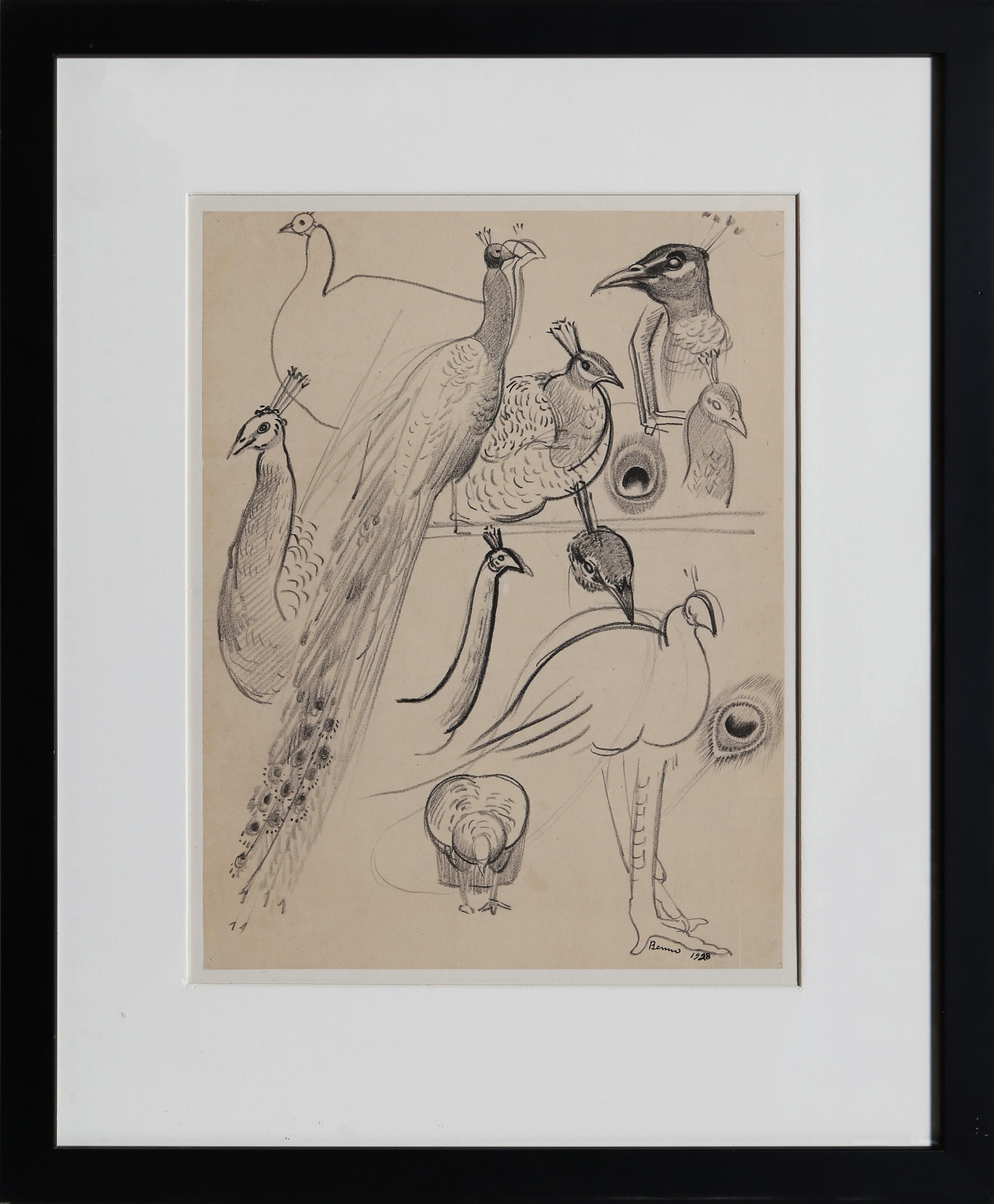 Kubistische Vögel, Zeichnung auf Papier von Benjamin Benno