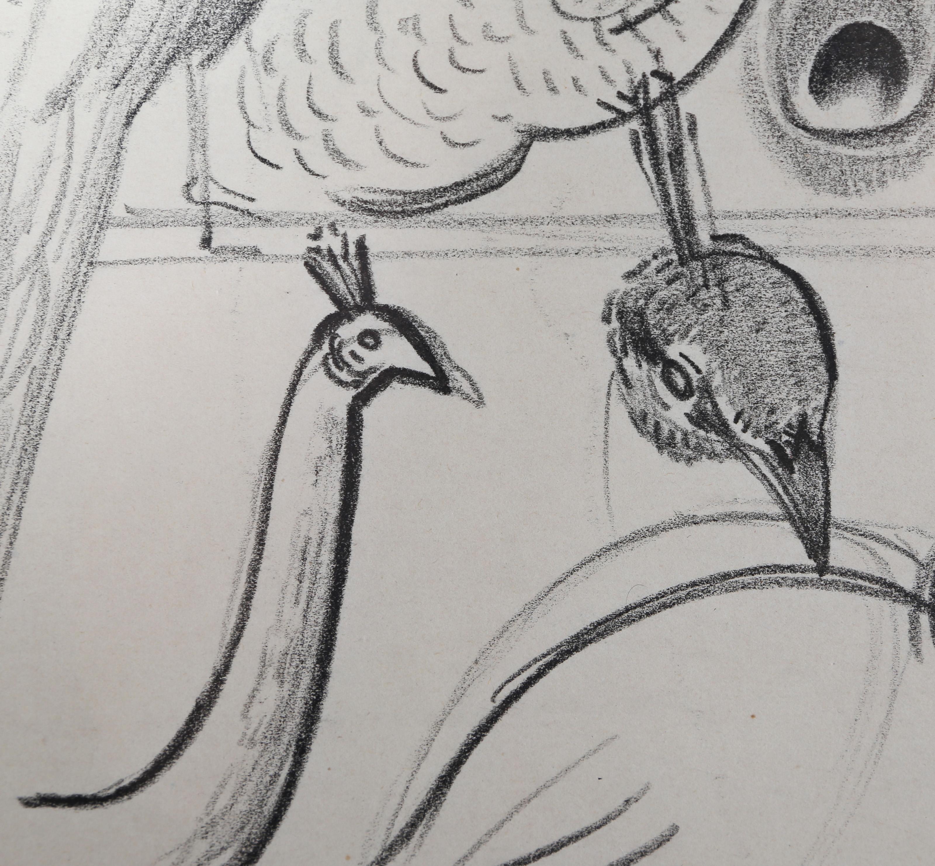 Birds, Cubist Drawing on Paper by Benjamin Benno - Gray Abstract Drawing by Benjamin G. Benno
