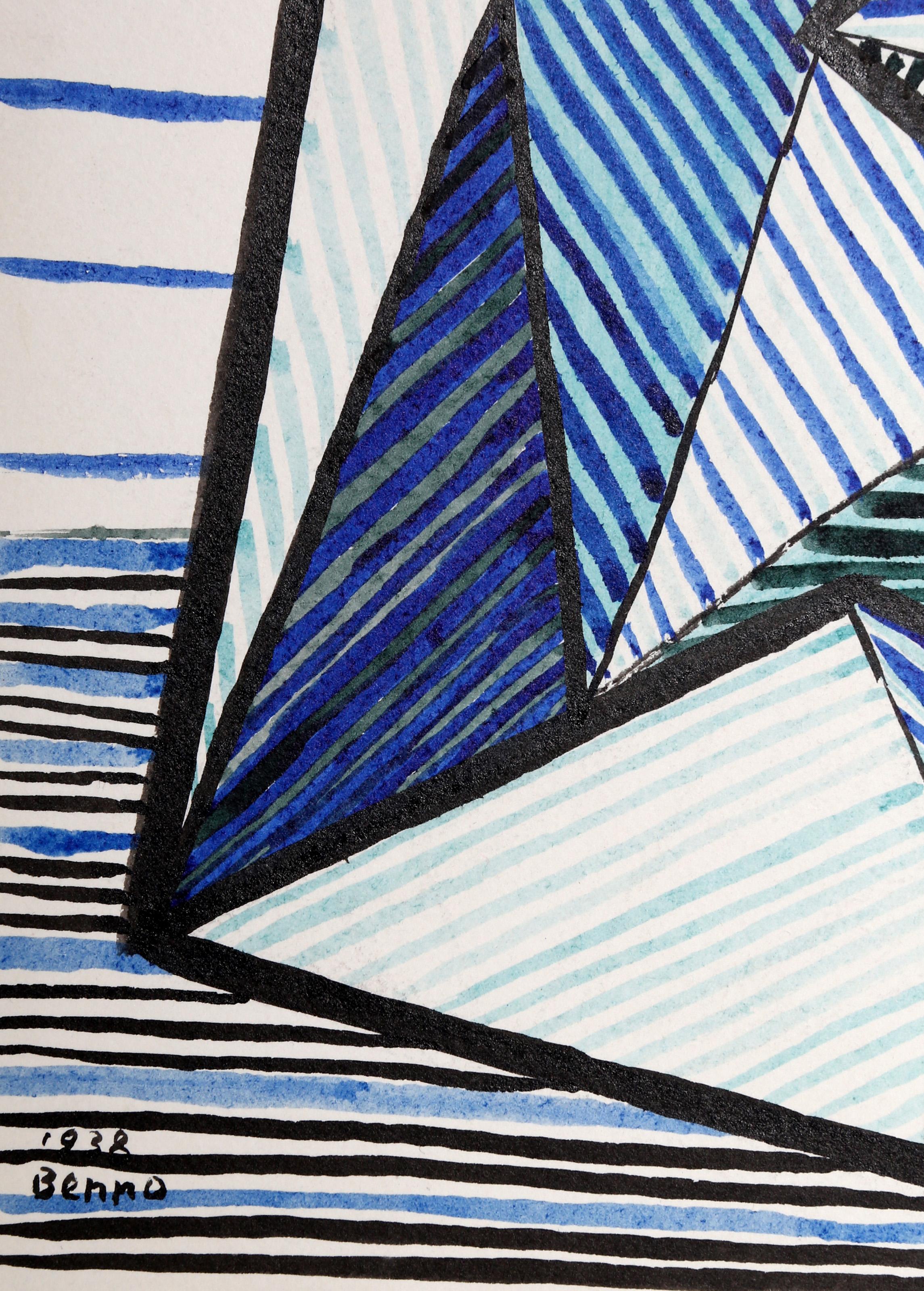 Colored ink drawing of an abstract blue shape by British born American artist Benjamin Benno.

Birth
Benjamin Benno, American (1901–1980)
Date: 1938
Colored ink on paper, signed lower left
Size: 11 x 8 in. (27.94 x 20.32 cm)
Frame Size: 16 x 13