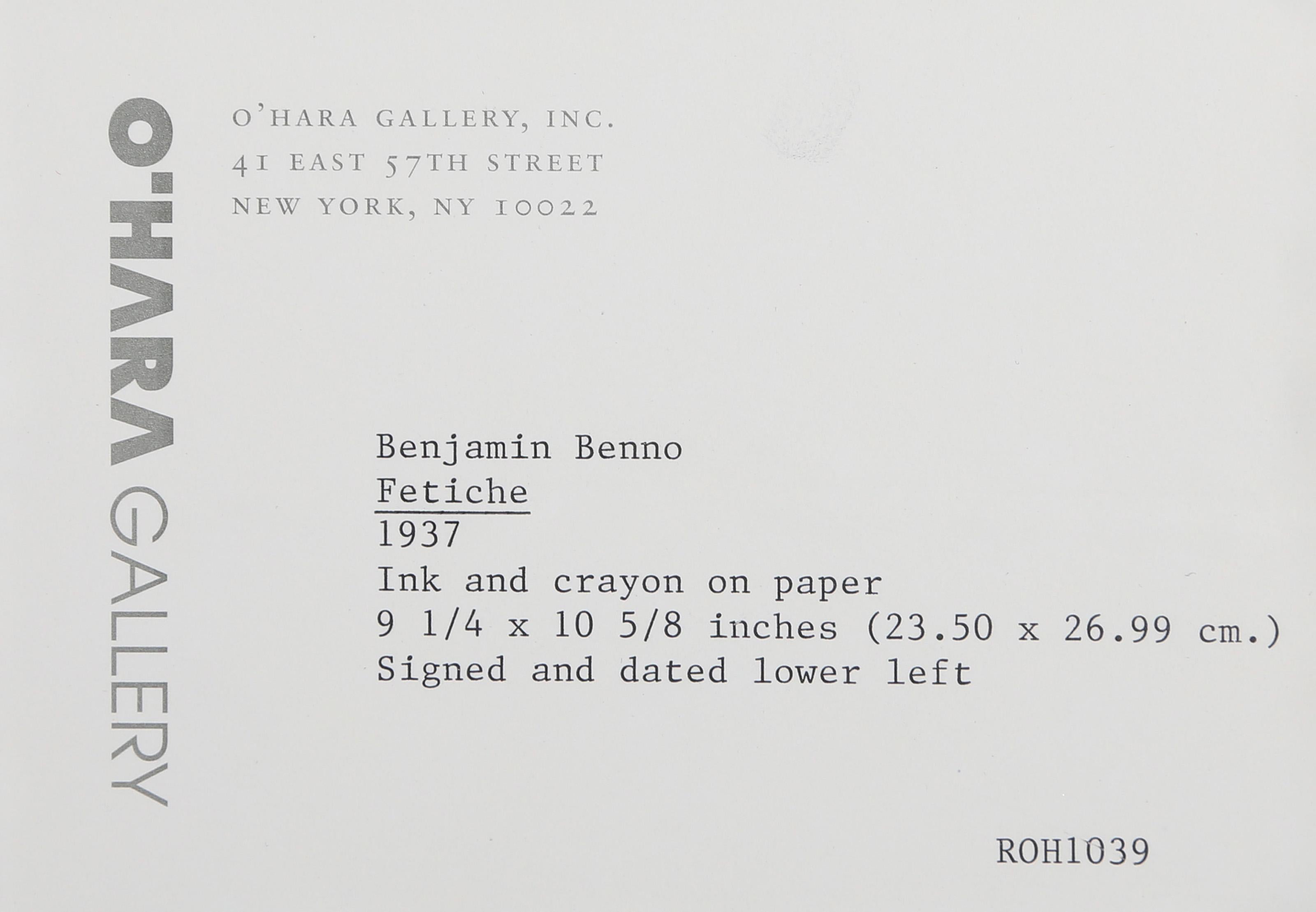 Set against a deep green background of layered paint and wavy lines, Benjamin Benno’s textured composition features an array of unidentifiable figures of varying sizes and shapes. This dimensional abstract work exemplifies the artist’s avant-garde
