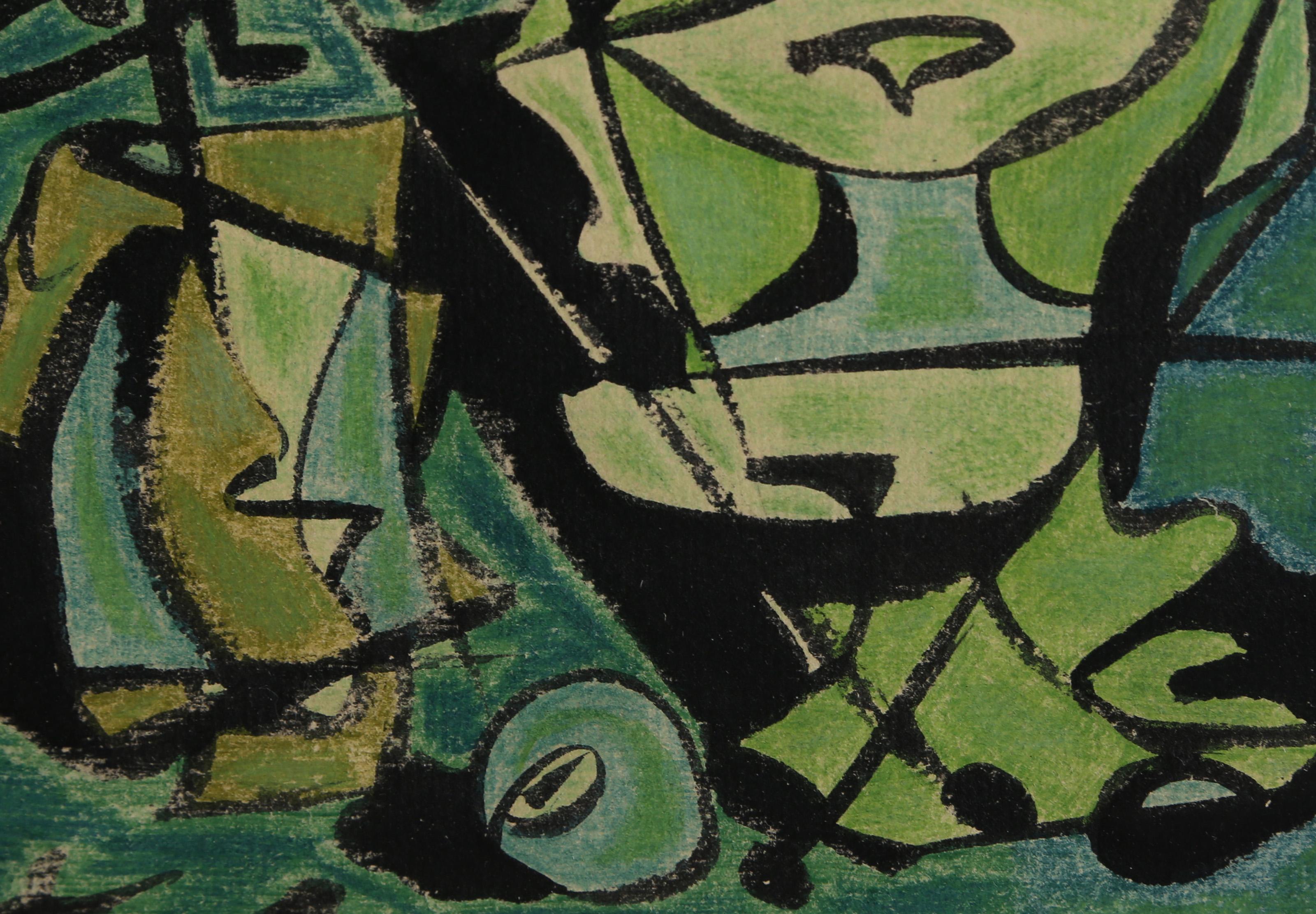 Fetiche 4, Cubist Ink and Crayon Drawing on Paper by Benjamin Benno - Gray Abstract Drawing by Benjamin G. Benno