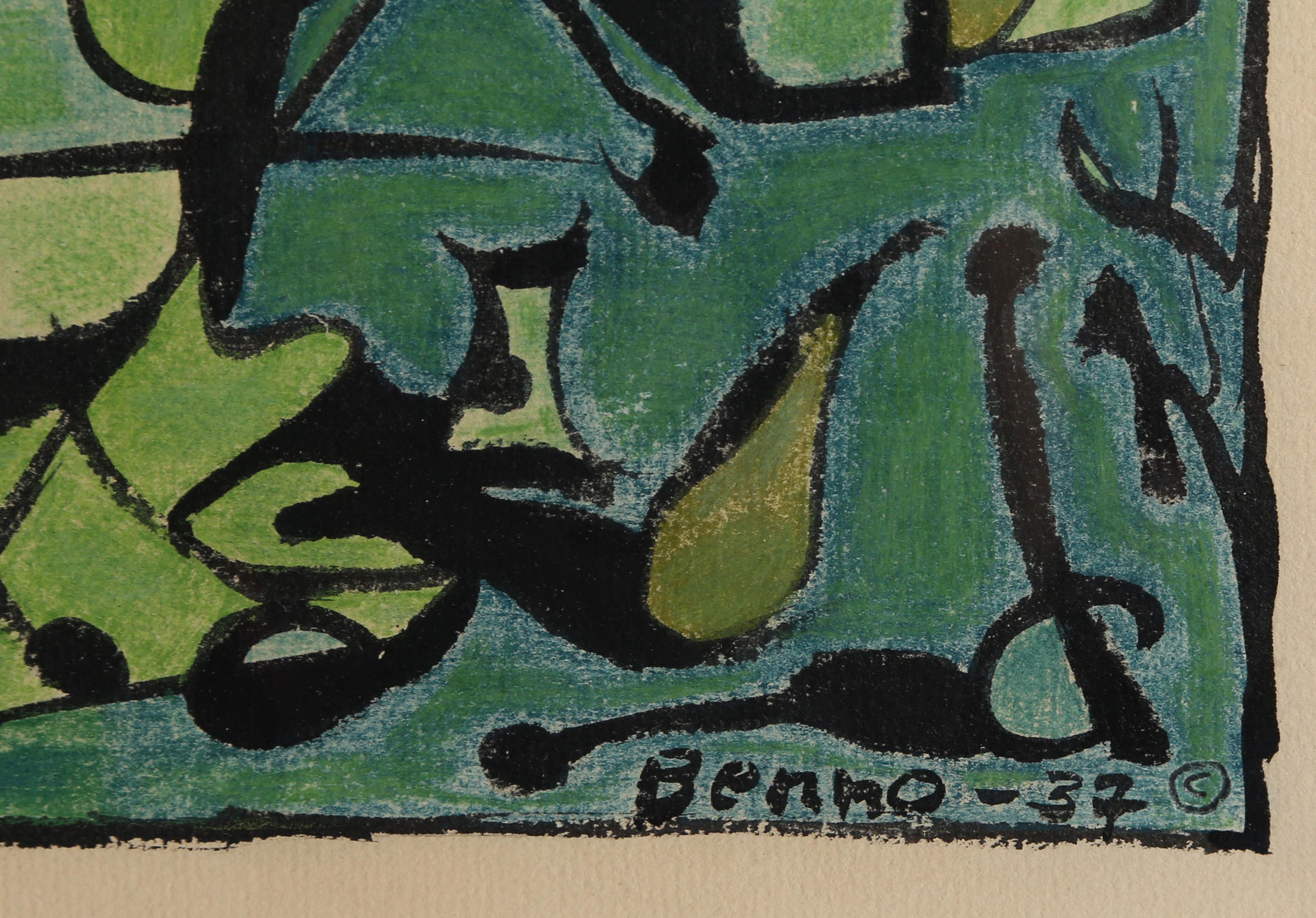 Fetiche 4, Cubist Ink and Crayon Drawing on Paper by Benjamin Benno For Sale 1
