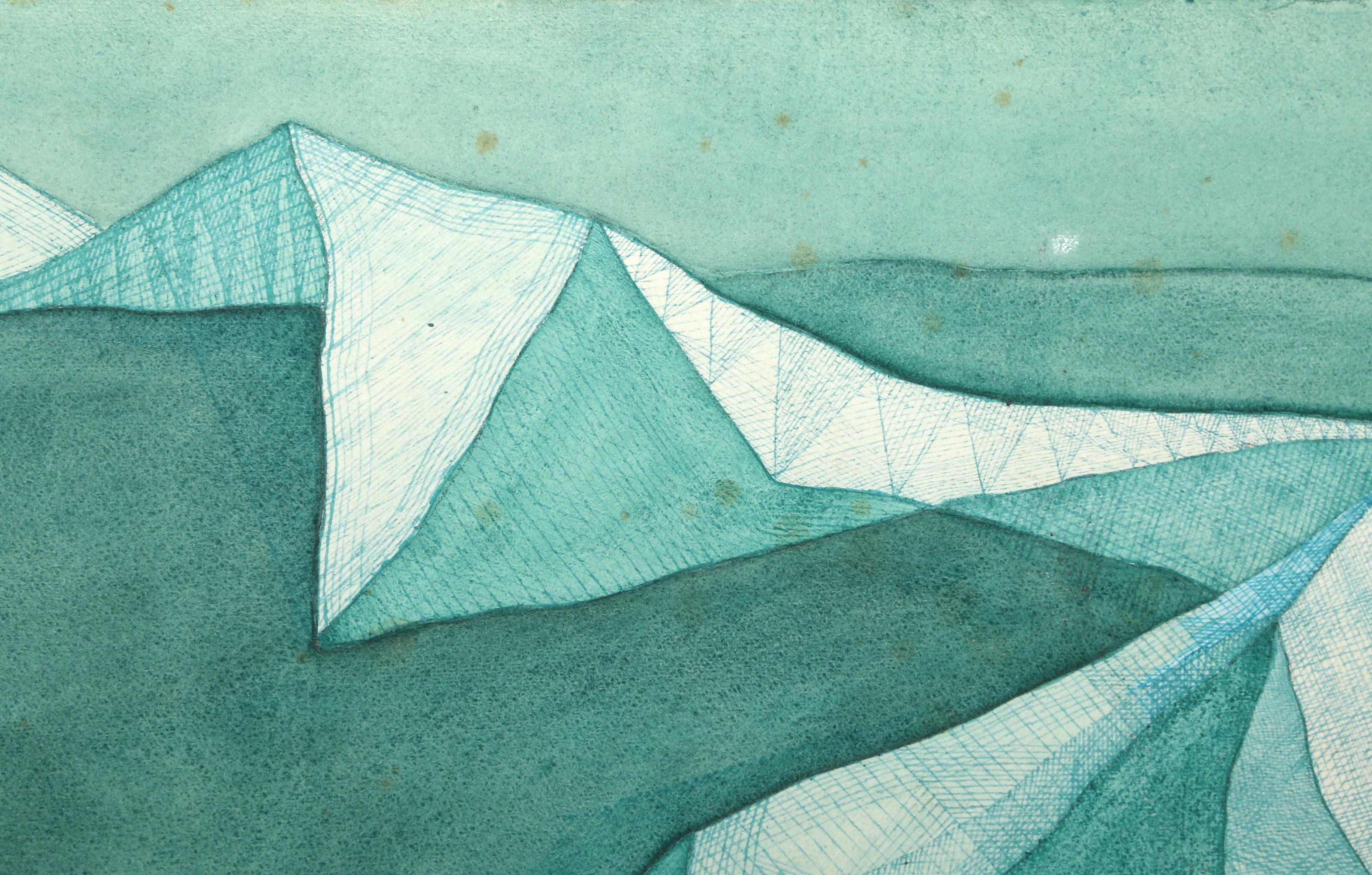 Mountain Range, Modern Cubist Watercolor by Benjamin Benno - Blue Still-Life by Benjamin G. Benno