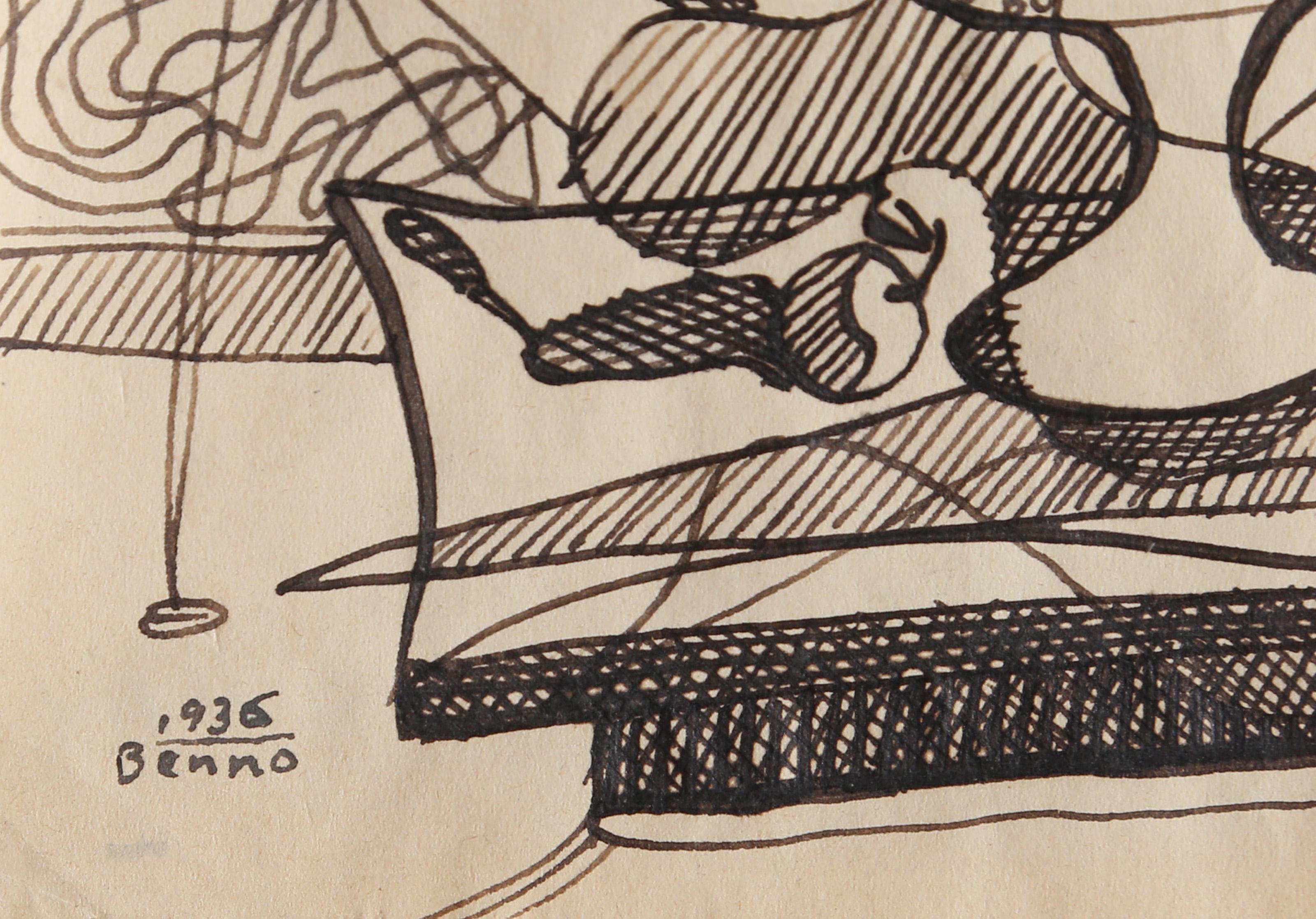 Untitled - Still Life 2, Cubist Ink on Paper by Benjamin Benno For Sale 1