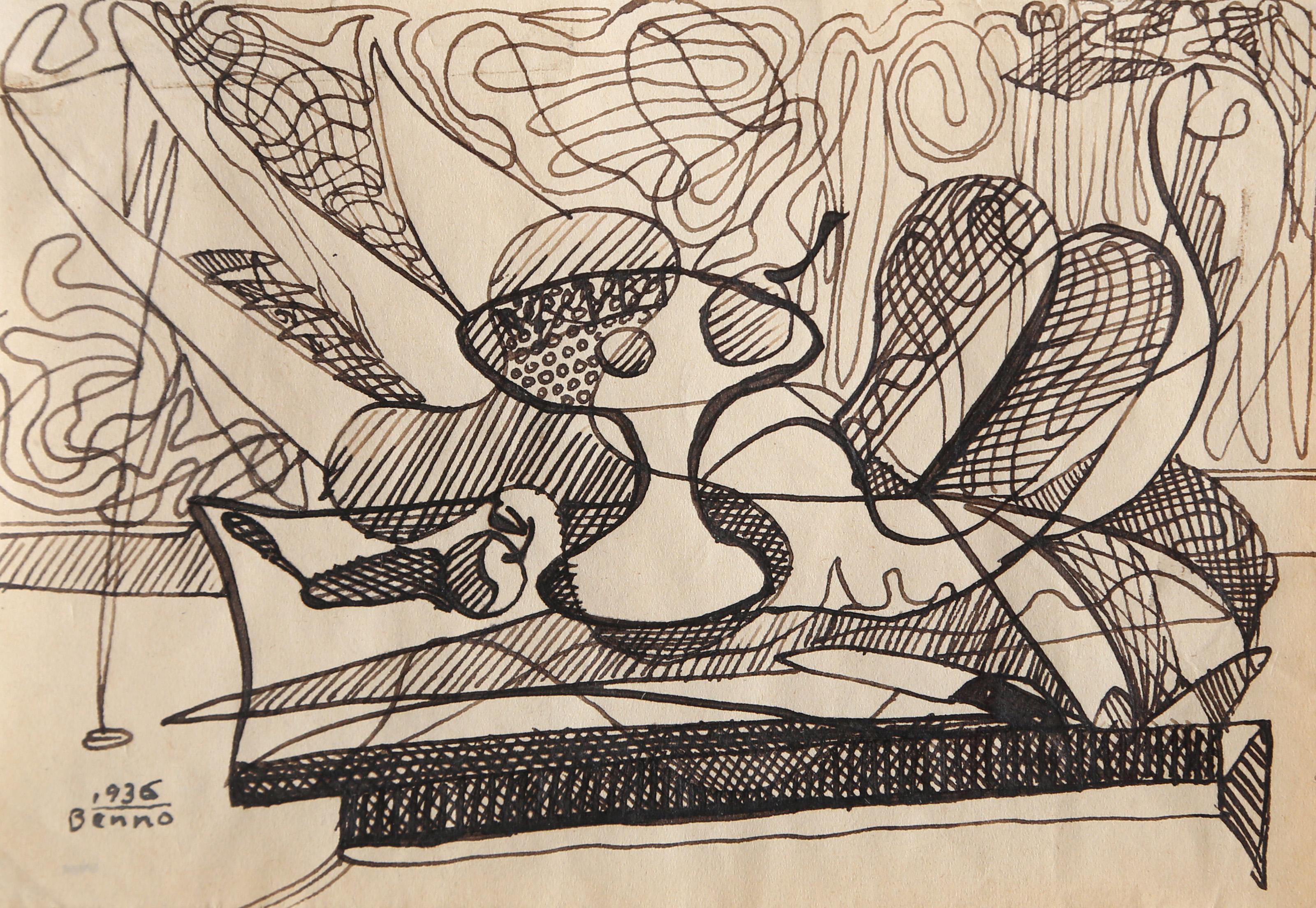 Untitled - Still Life 2, Cubist Ink on Paper by Benjamin Benno - Beige Abstract Drawing by Benjamin G. Benno