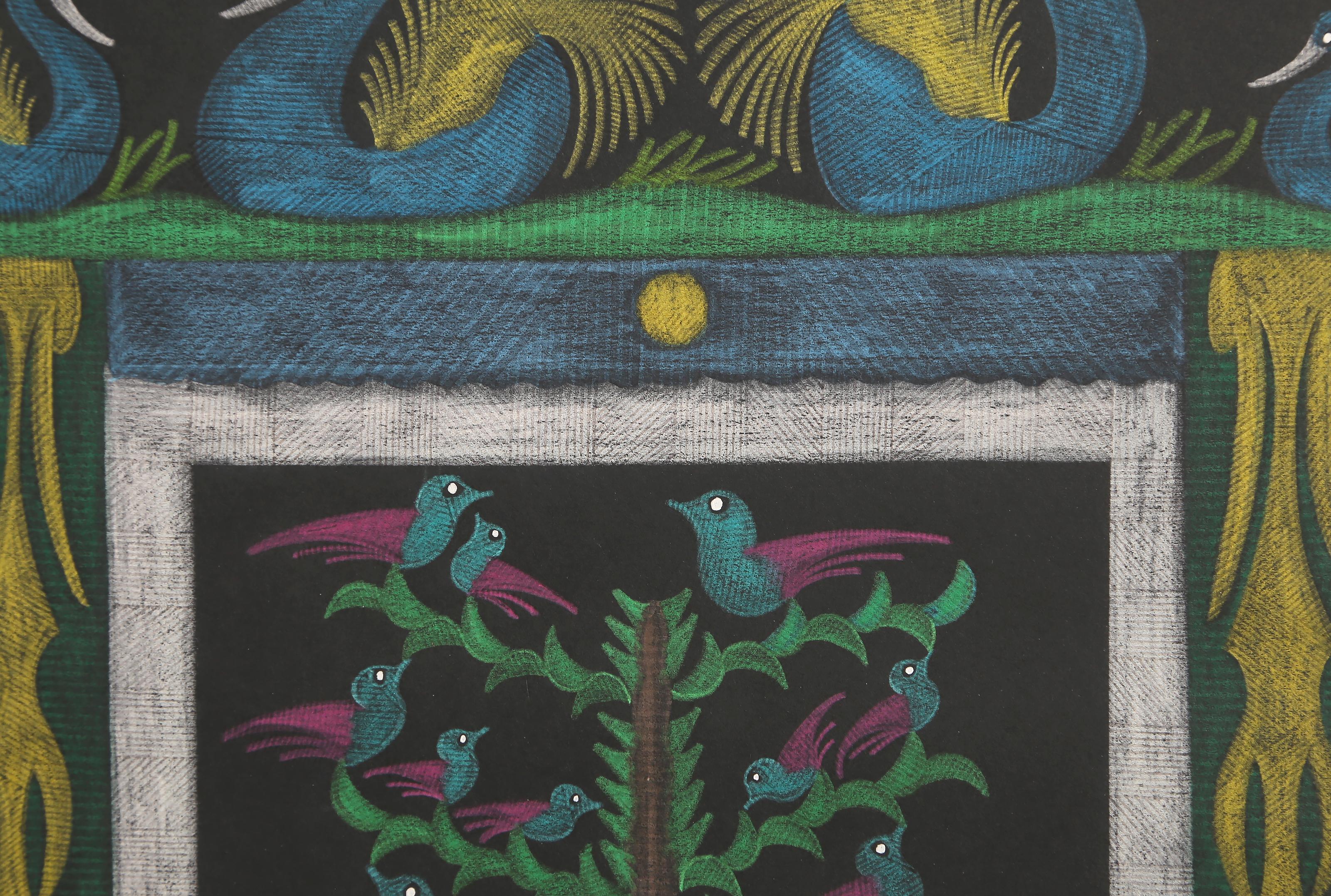 Cisnes azules, lápiz de color sobre papel de Scottie Wilson en venta 1