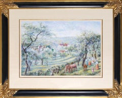 Paisaje francés con caballos y damas, dibujo al pastel de Hughes Pissarro