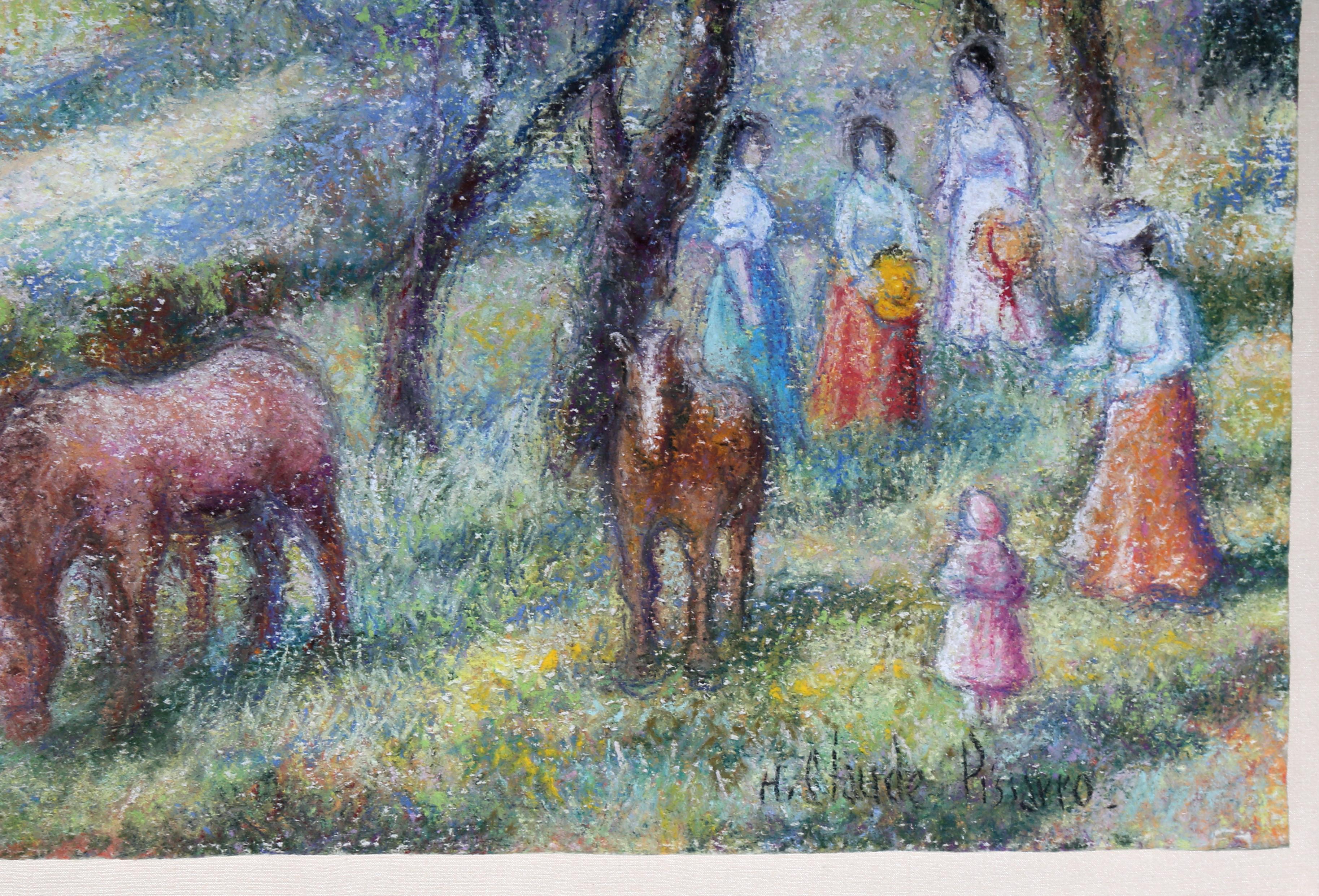 Paesaggio francese con cavalli e dame, disegno a pastello di Hughes Pissarro - Art Impressionismo di Hughes Claude Pissarro