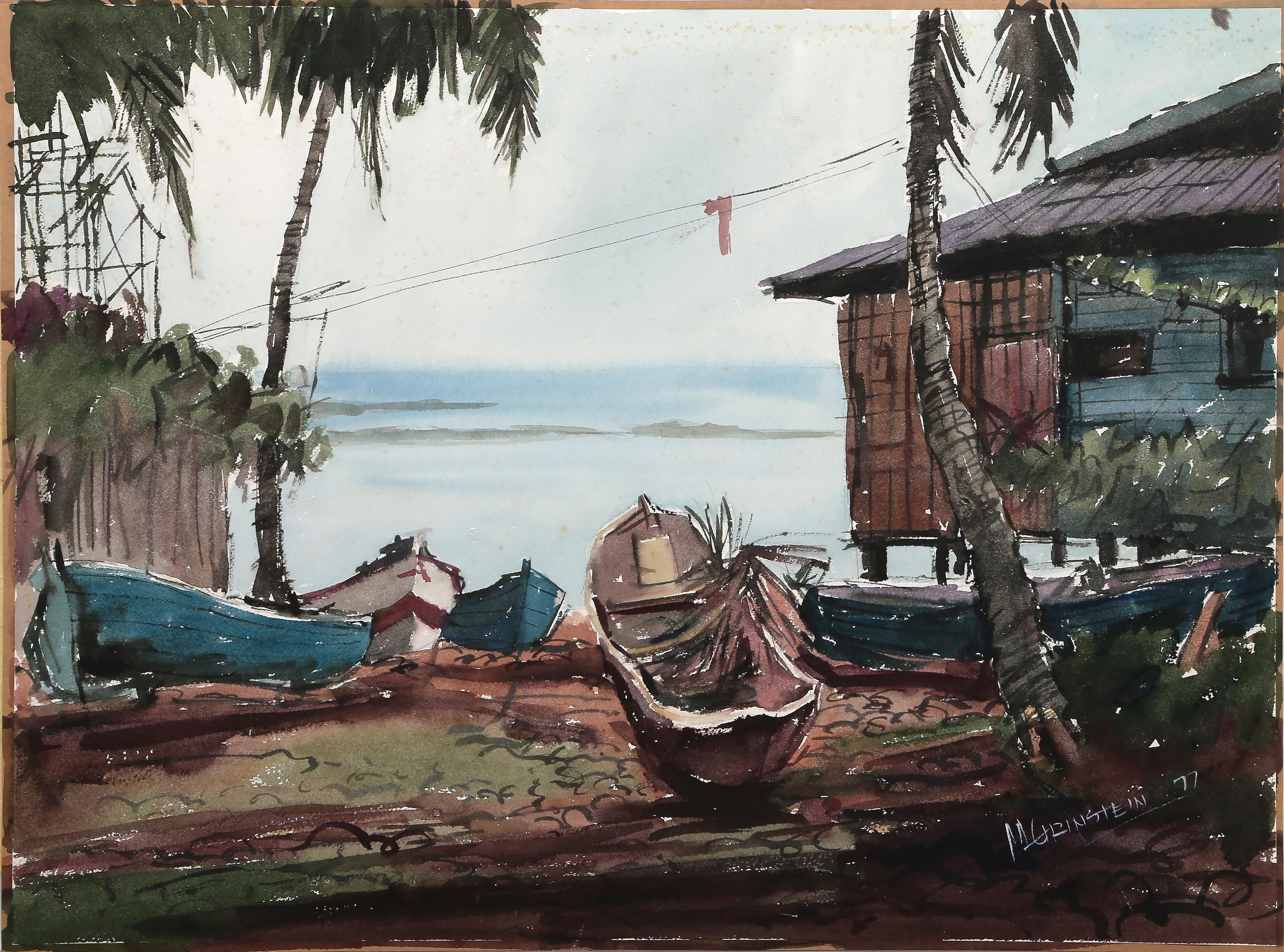 Cottage on the Ocean, Impressionist Watercolor on Paper by M. Grinstein