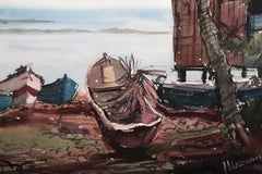 Cottage on the Ocean, Impressionist Watercolor on Paper by M. Grinstein