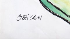 Woman with Flowers, Watercolor Folk Art by Jovan Obican