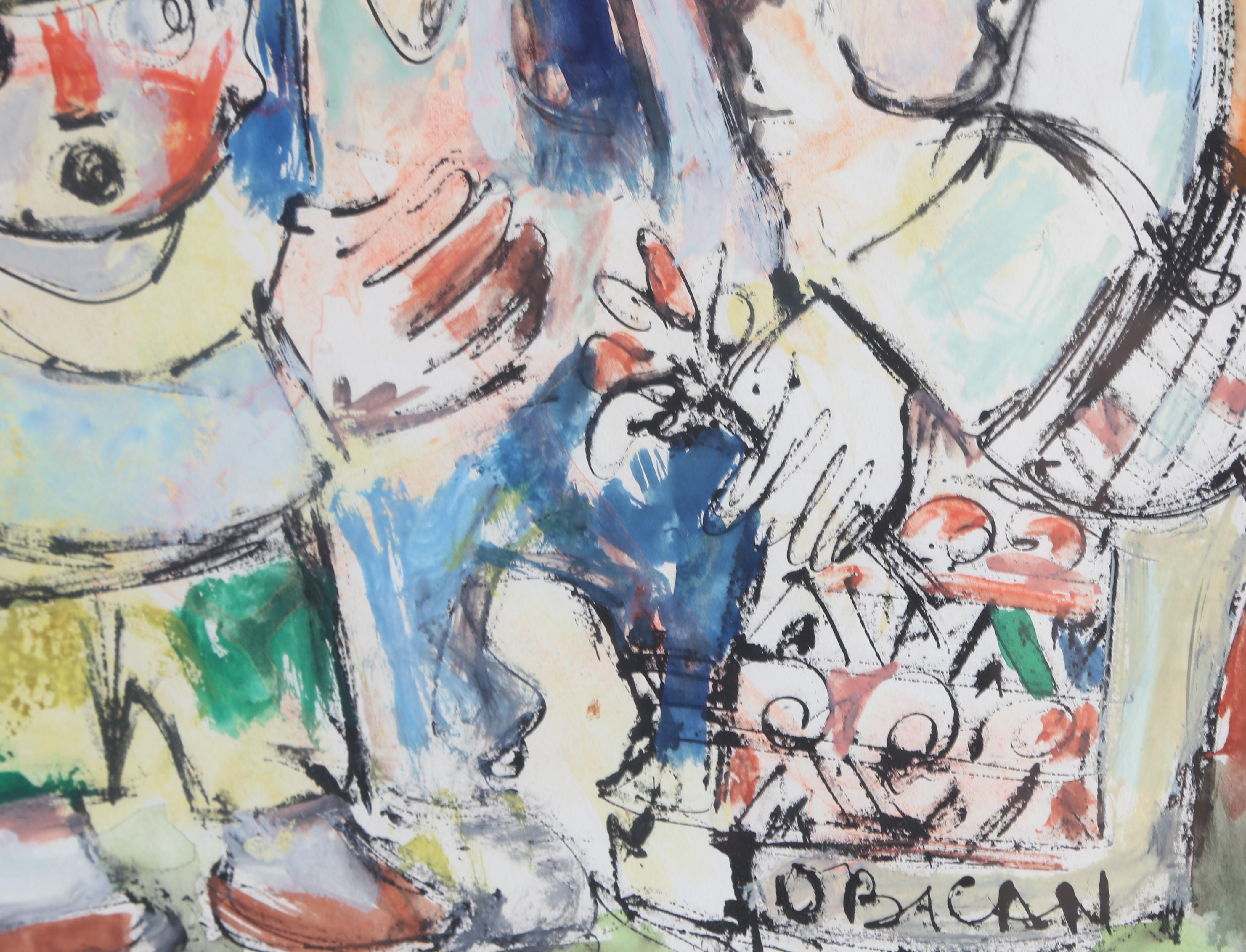 Family, aquarelle et encre sur papier Folk Art de Jovan Obican en vente 1