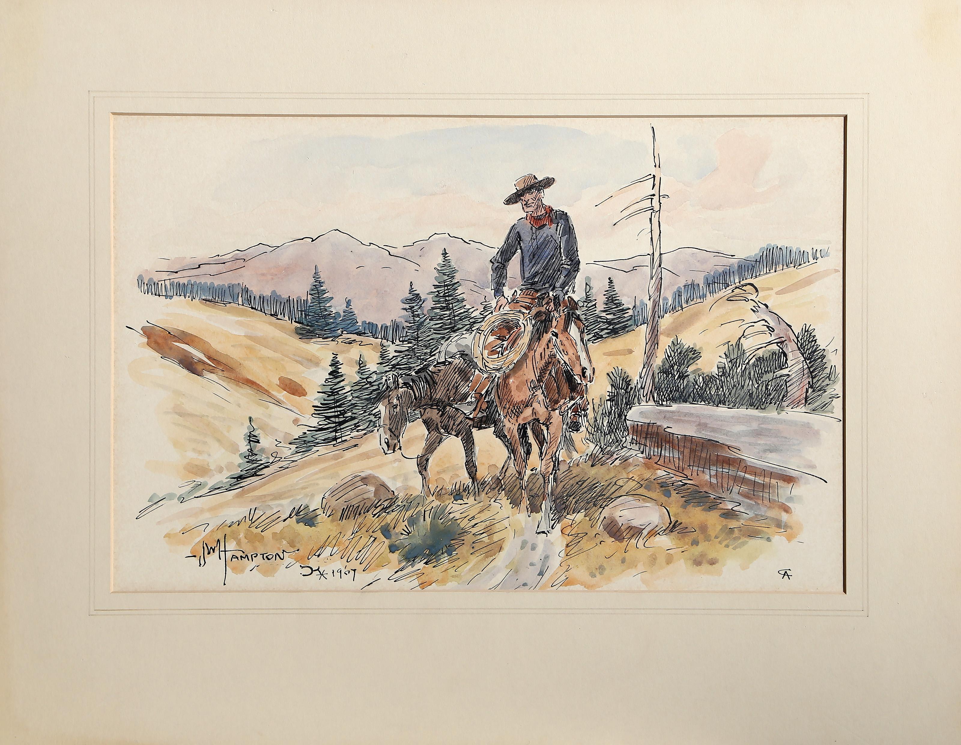 Sentiero di montagna, dipinto impressionista ad inchiostro e acquerello di John Wade Hampton - Art Impressionismo americano di john wade hampton