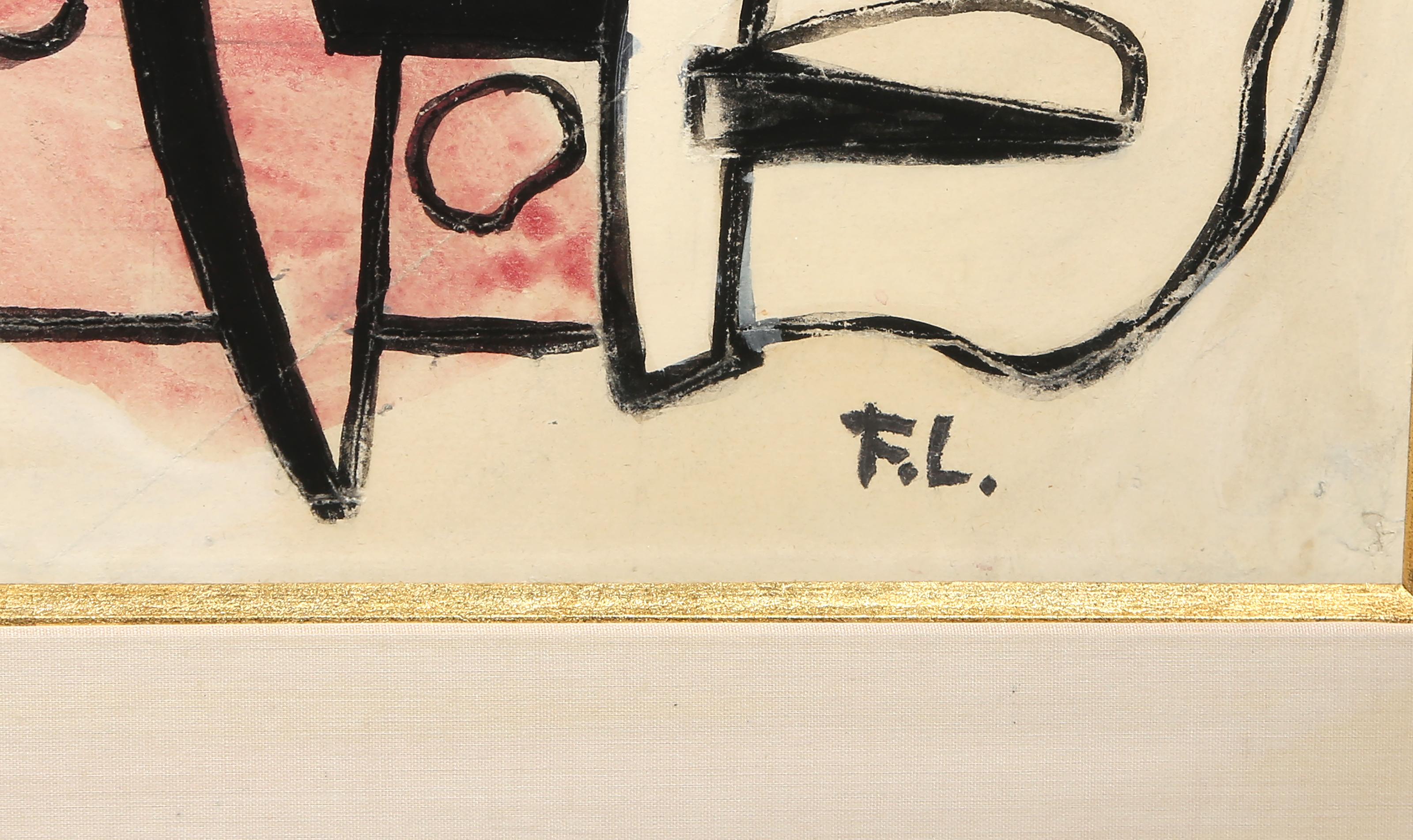 Fernand Leger's depiction of a still life with a pitcher and bowl of fruit starts in simplistic and tangible reality on the right side of the composition before quickly devolving into abstraction on the left. Behind the bold black lines that are