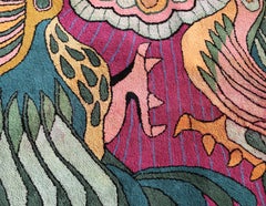 Four Birds, Large Colorful Folk Art Tapestry by Victor Delfin