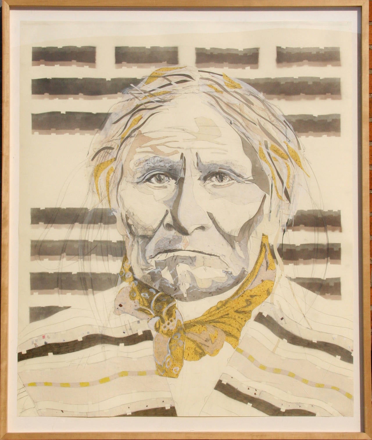 Tomas Lasansky Portrait – Geronimo, zeitgenössische Kohle- und Bleistiftzeichnung mit Collage von Tomás Lasansky