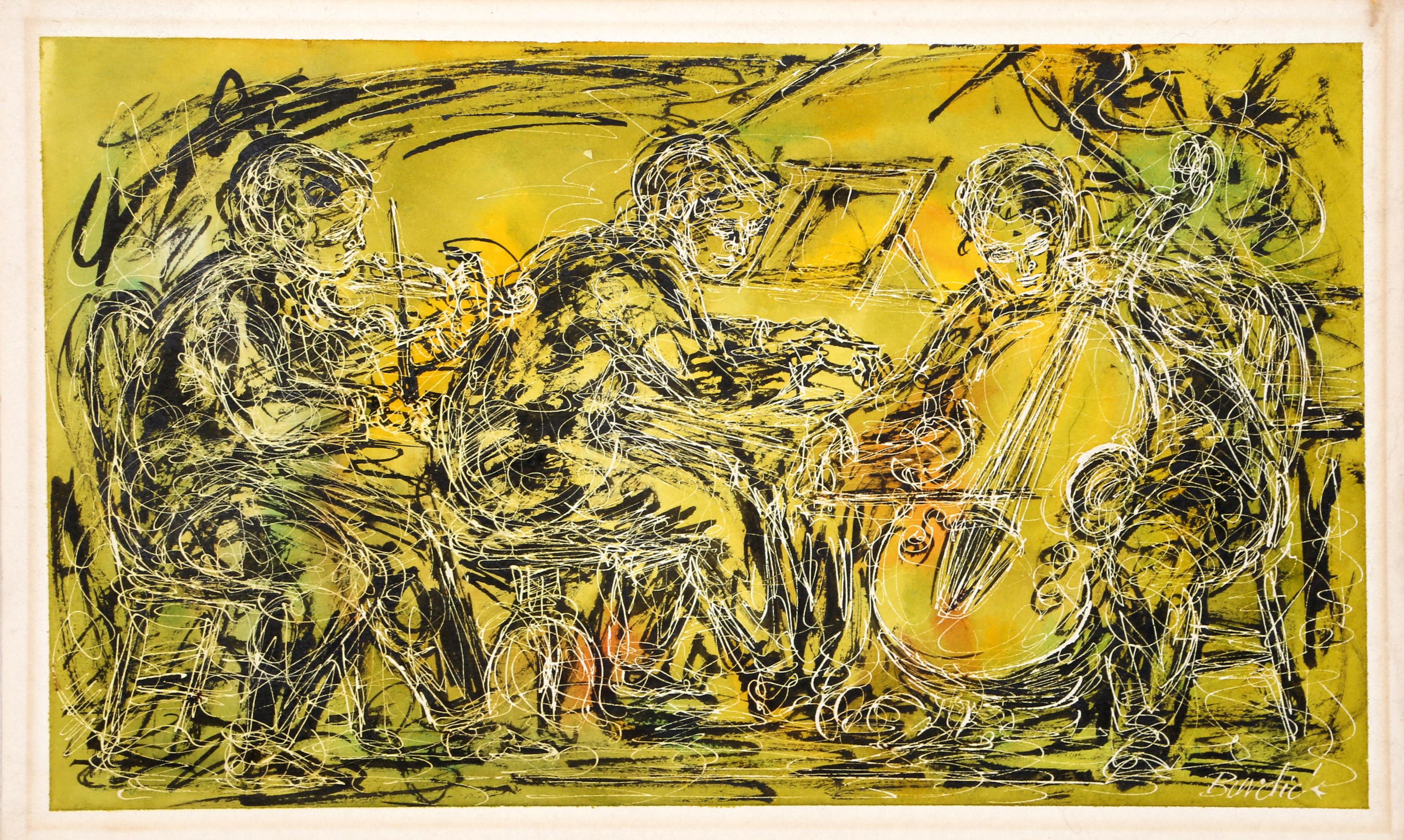 Charles Burdick, Américain (1924 - ) - String Trio, Année :  Circa 1965, Medium :  Encre et aquarelle sur papier, signé à gauche, Taille de l'image :  7.5 x 12.75 pouces, Taille :  8.5  x 13.75 in. (21.59  x 34.93 cm)